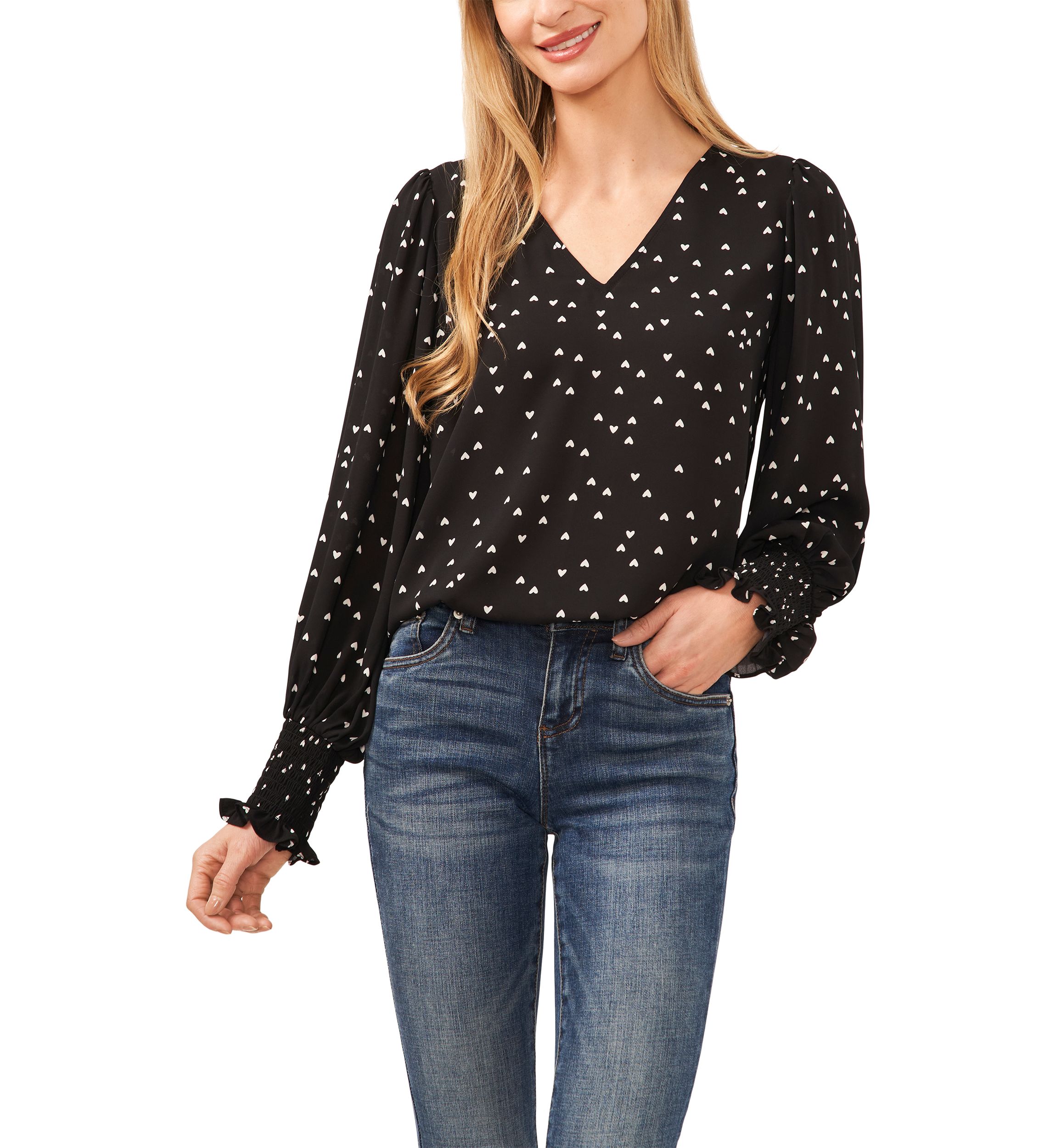 Womens V-Neck Blouse with Smocking Cuffs