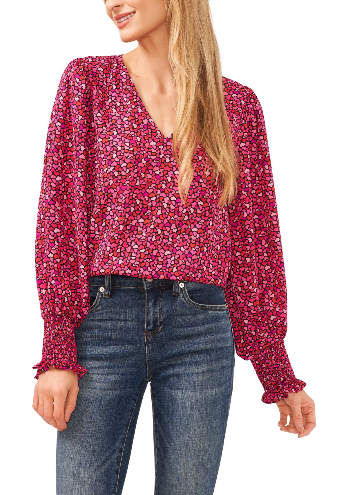   Womens V-Neck Heart Blouse with Smocking Cuffs 
