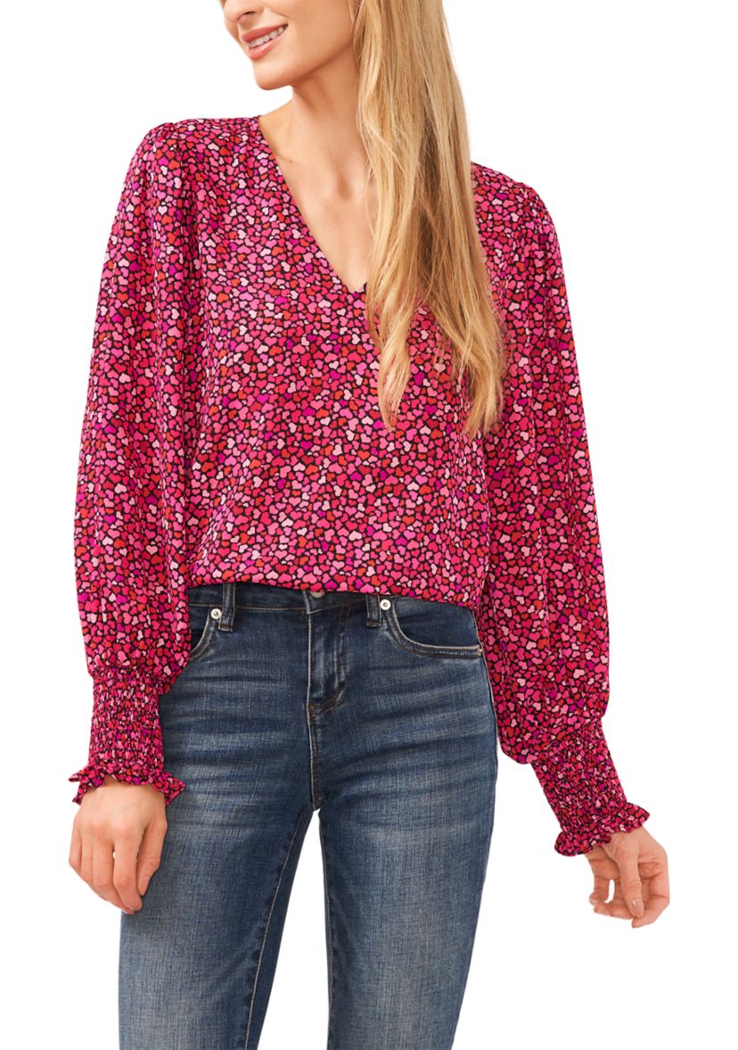   Womens V-Neck Heart Blouse with Smocking Cuffs 