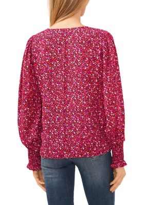 Women's V-Neck Heart Blouse with Smocking Cuffs