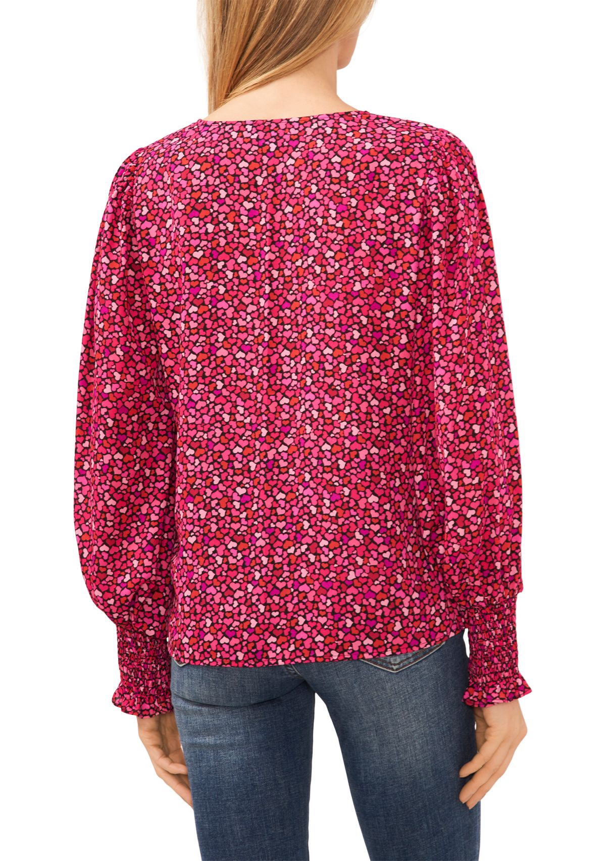   Womens V-Neck Heart Blouse with Smocking Cuffs 