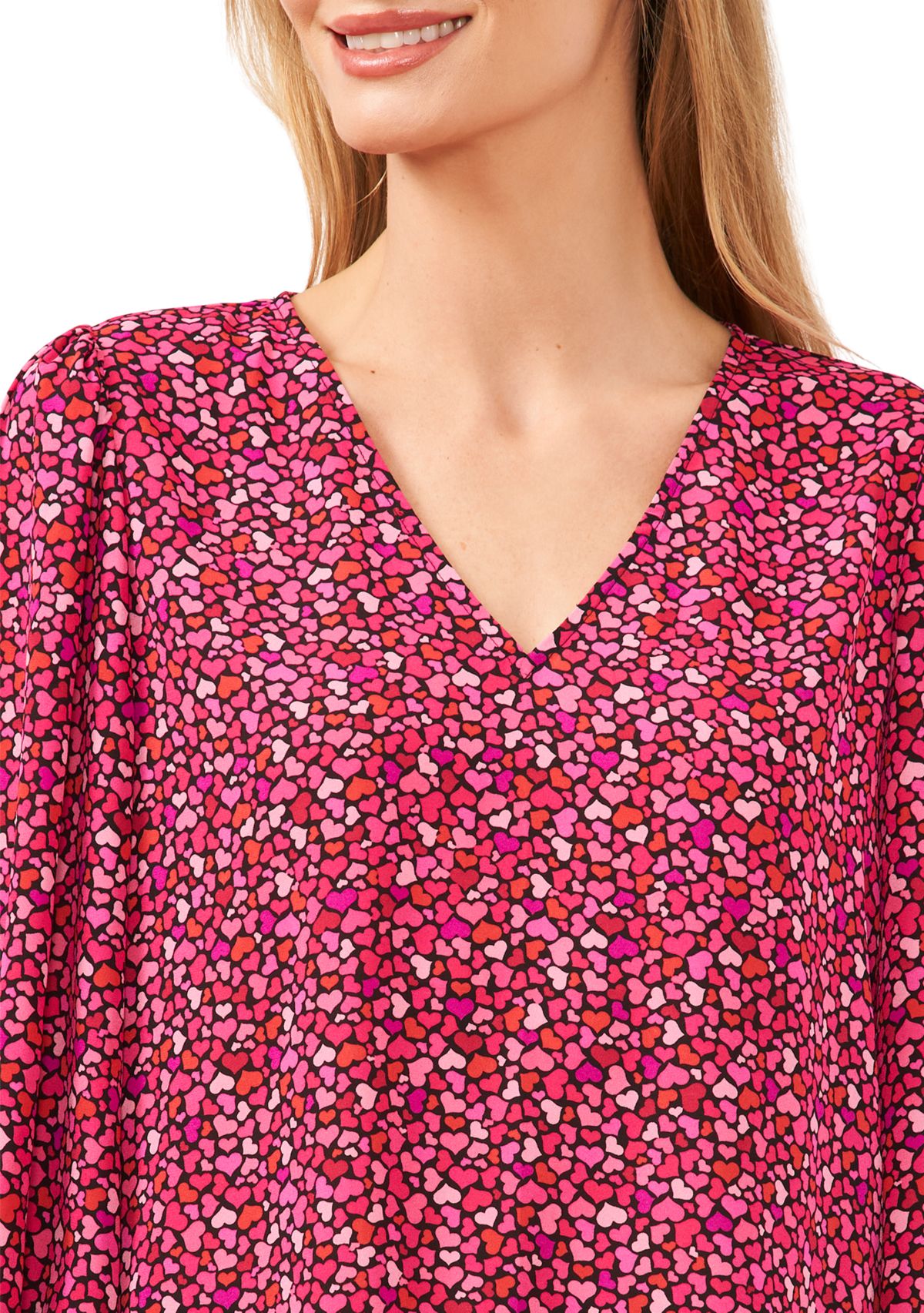   Womens V-Neck Heart Blouse with Smocking Cuffs 