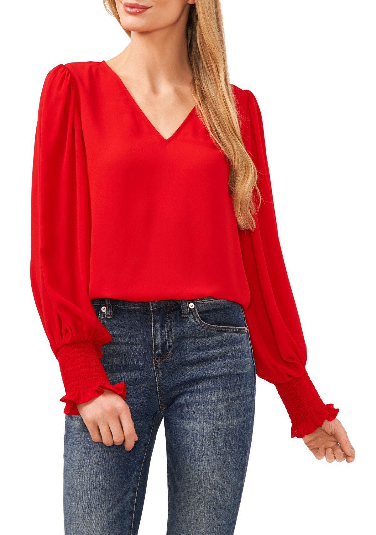 Womens V-Neck Blouse with Smocking Cuffs 