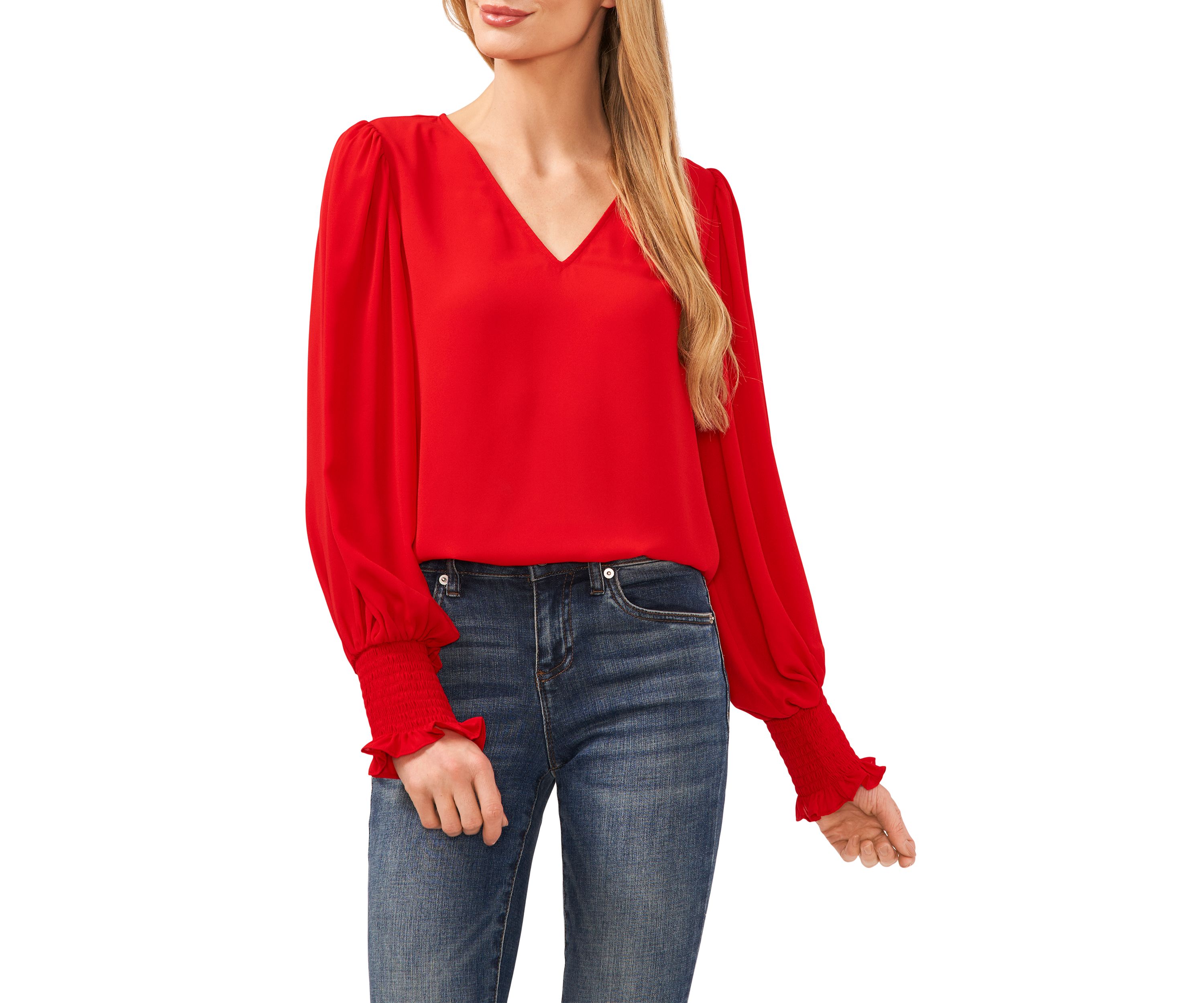Womens V-Neck Blouse with Smocking Cuffs 
