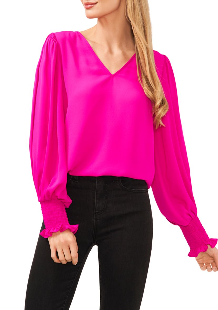 Womens V-Neck Blouse with Smocking Cuffs 