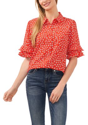 Girls Polka Dot Print Flounce Sleeve Top & Split Hem Flare Leg