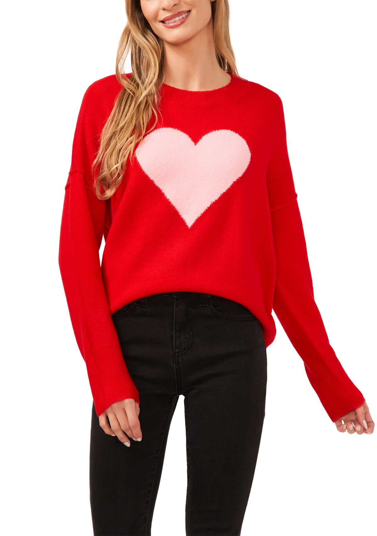 CeCe Women's Crew Neck Heart Printed Sweater | Belk
