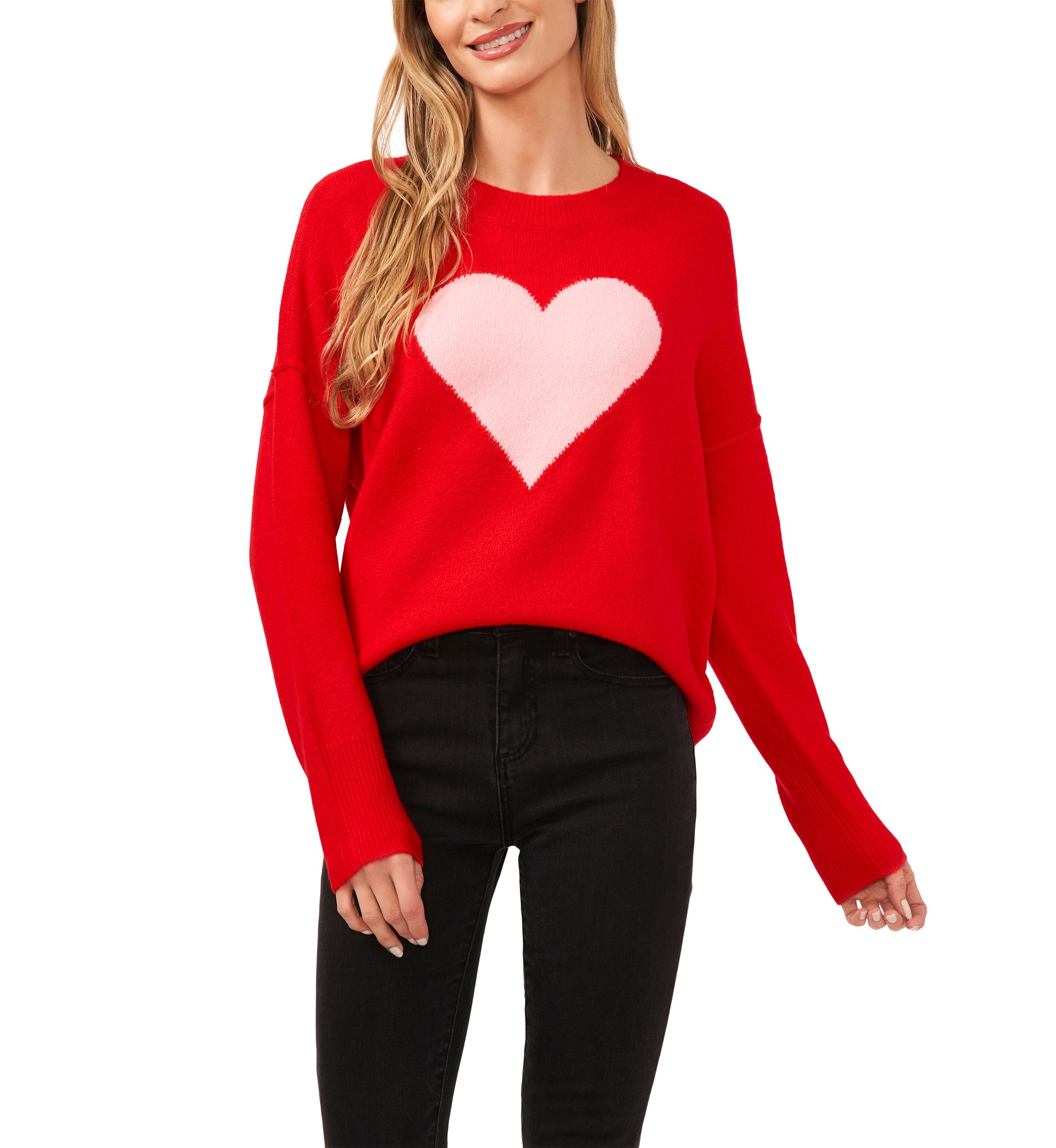 Womens Crew Neck Heart Printed Sweater