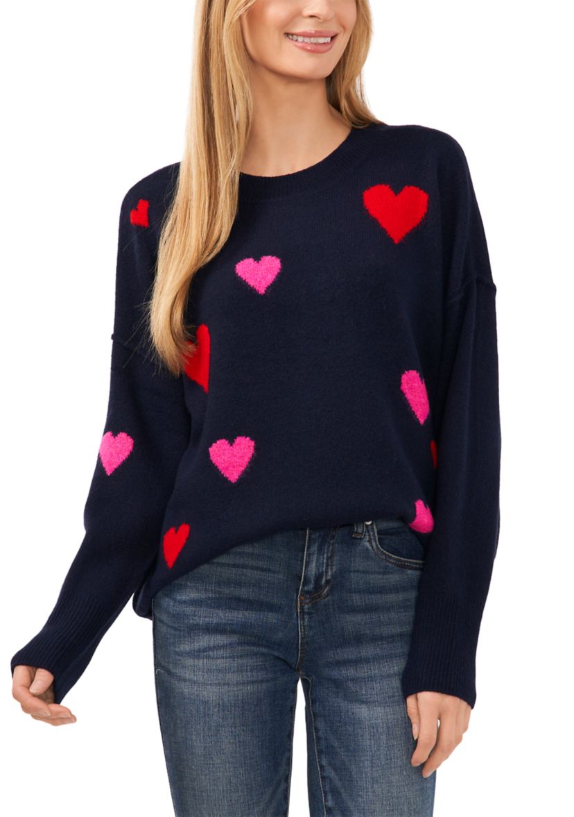 Womens Long Sleeve Allover Heart Sweater