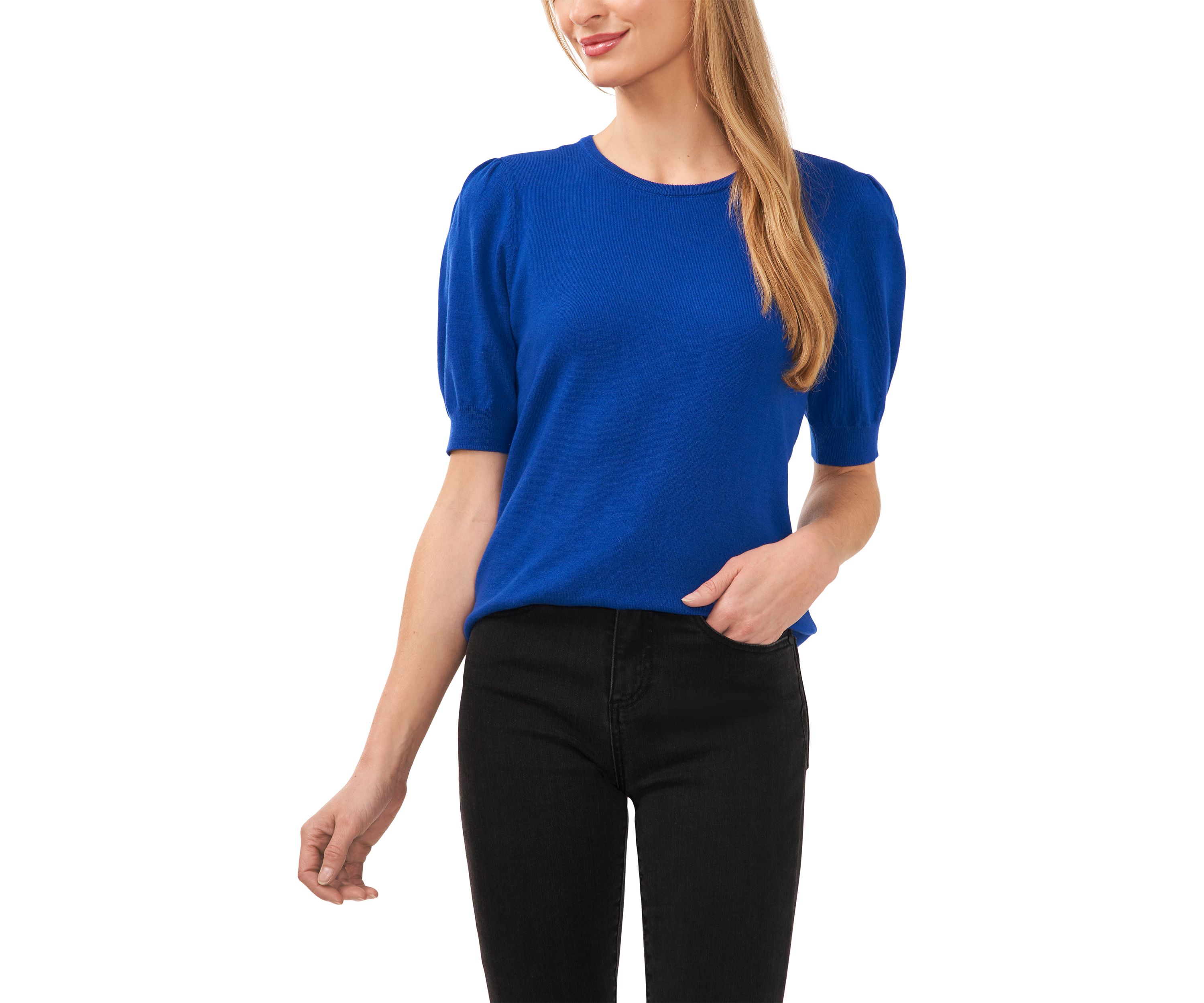 Womens Puff Sleeve Keyhole Back Sweater 