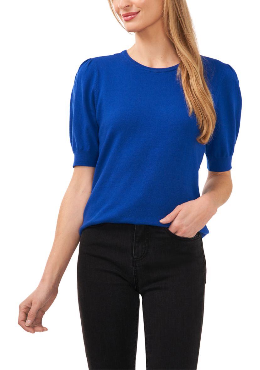 Womens Puff Sleeve Keyhole Back Sweater 