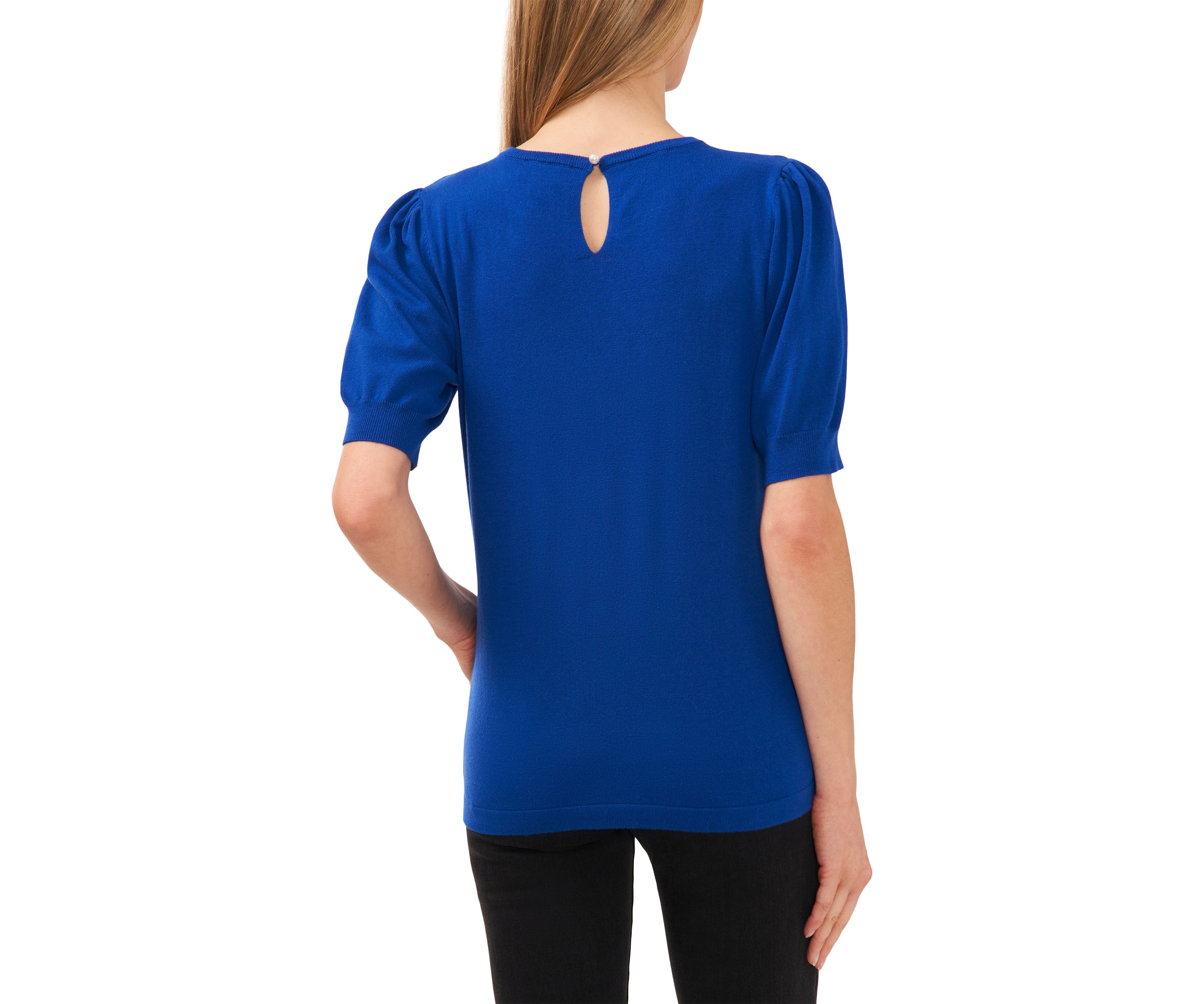 Womens Puff Sleeve Keyhole Back Sweater 