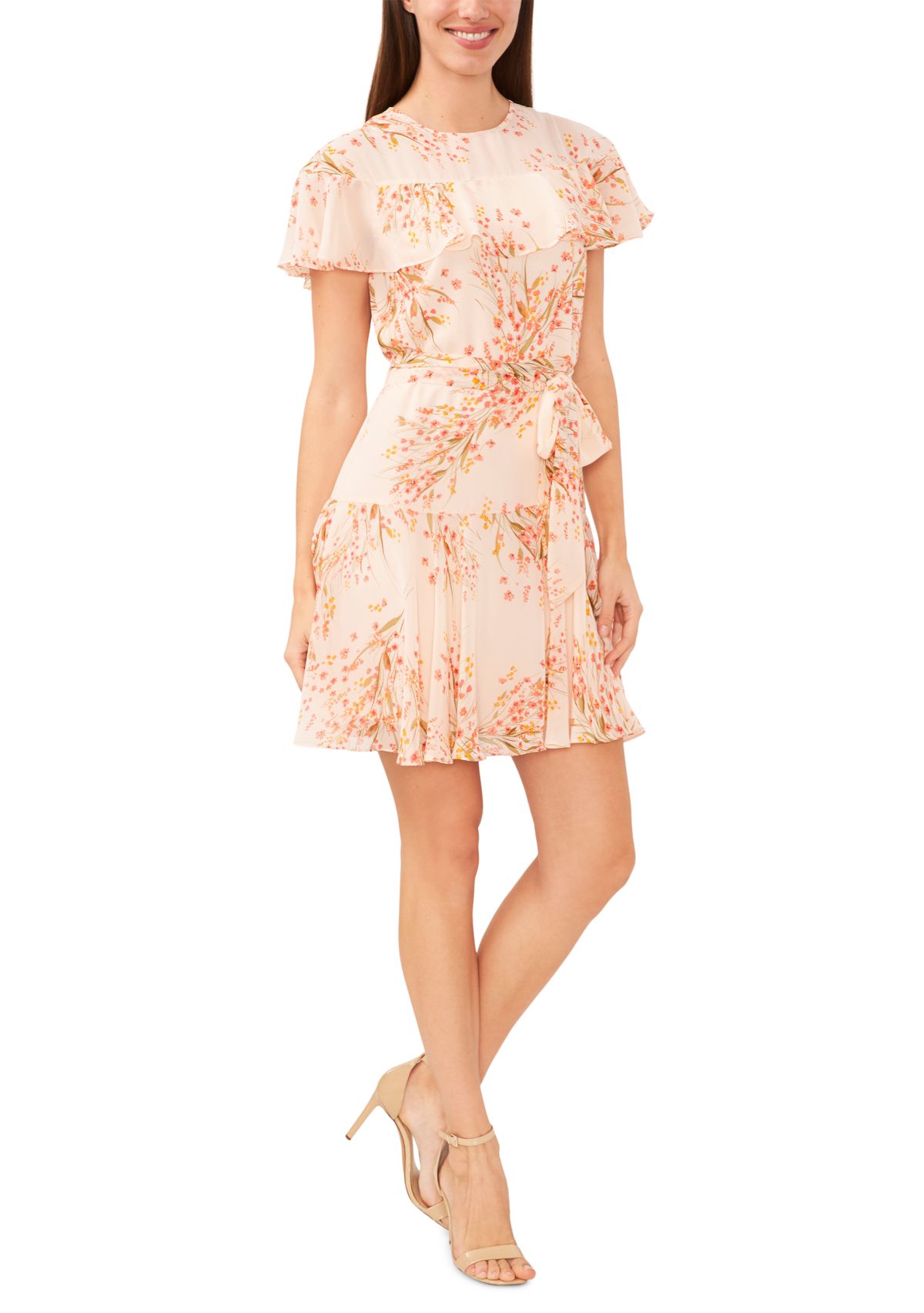 Womens Ruffle Tie Waist Floral Dress