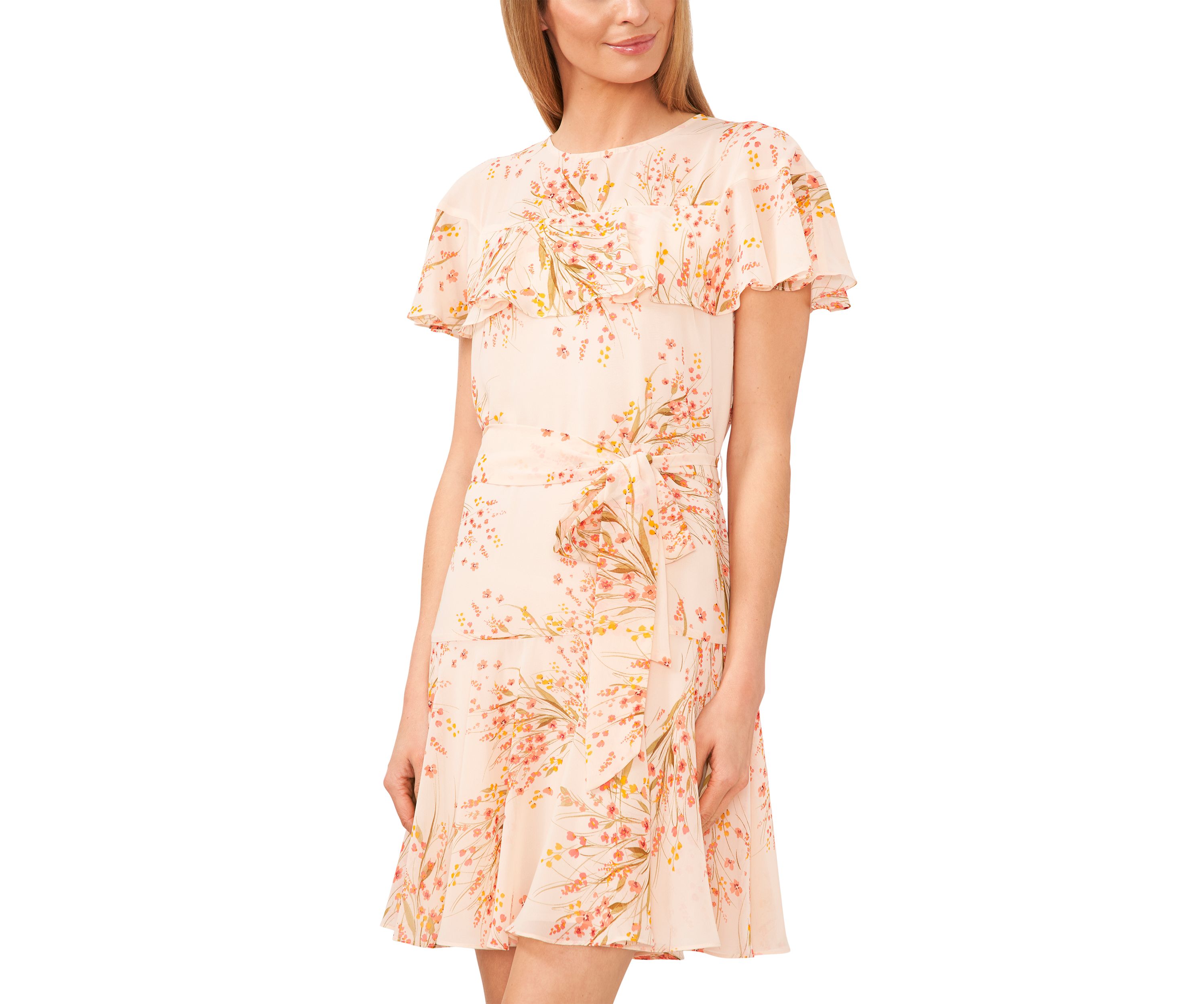 Womens Ruffle Tie Waist Floral Dress