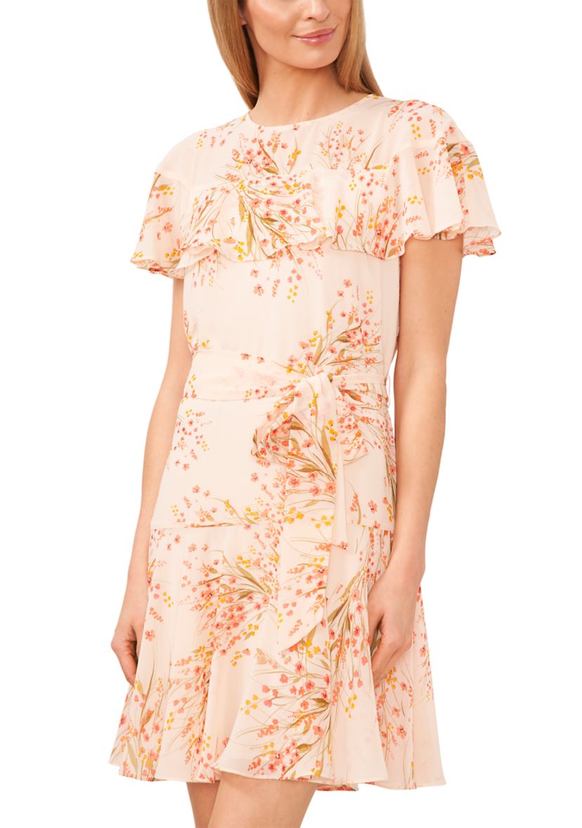 Womens Ruffle Tie Waist Floral Dress