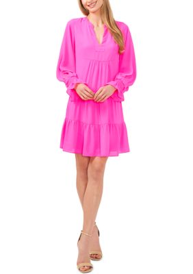 Women's Long Sleeve Split Neck Babydoll Dress