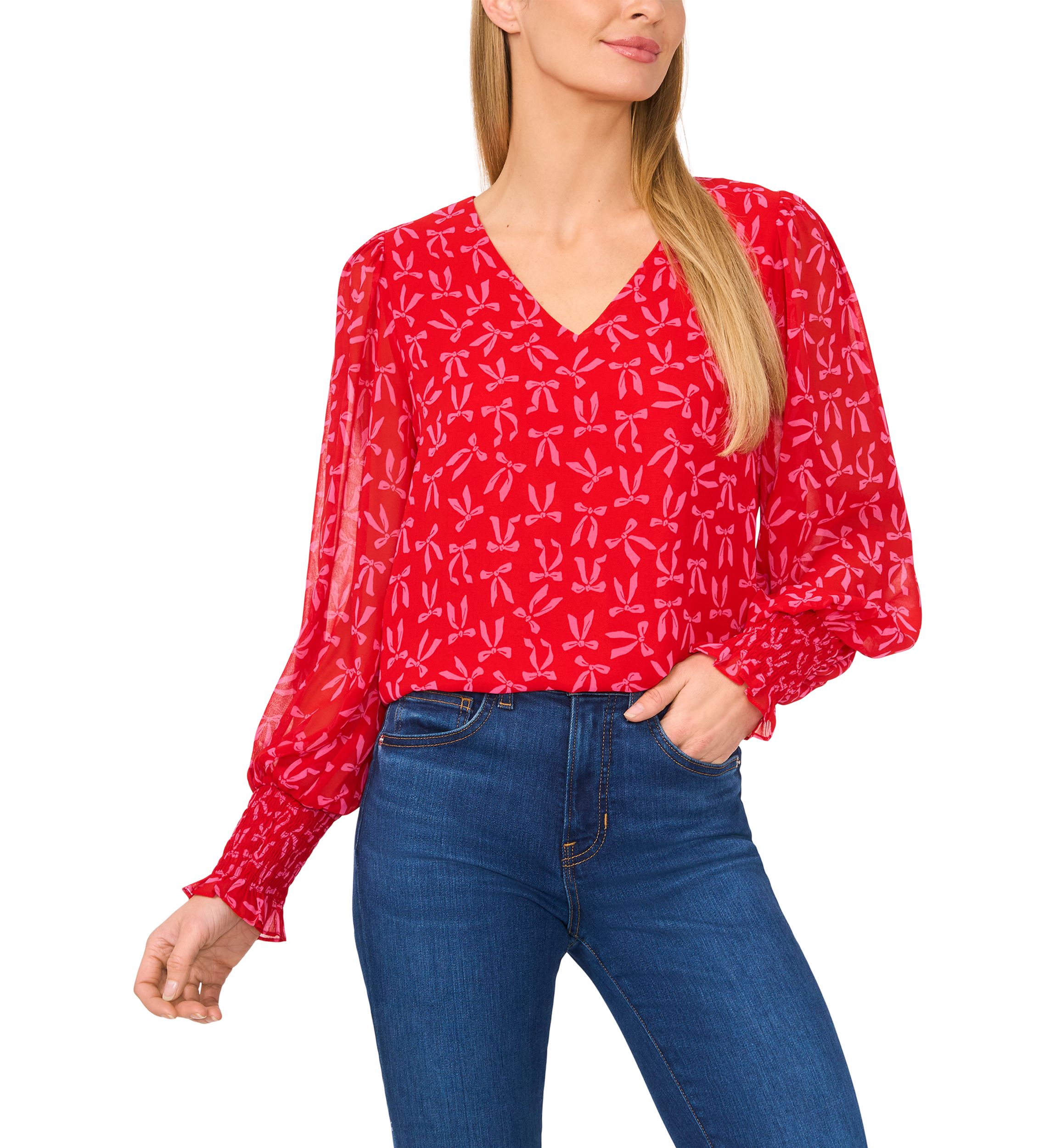 Womens Smocked Sleeve V-Neck Bow Blouse
