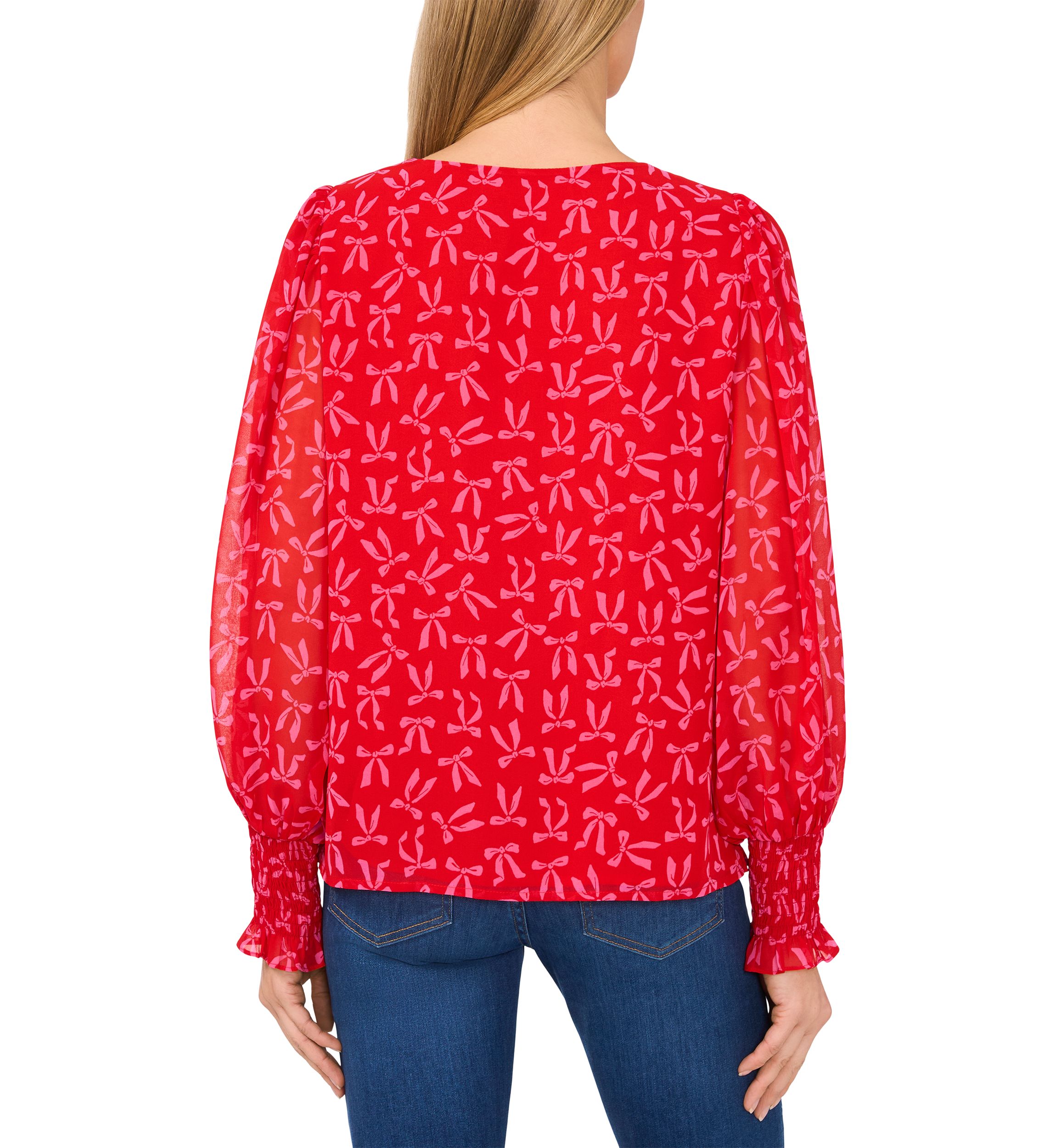 Womens Smocked Sleeve V-Neck Bow Blouse