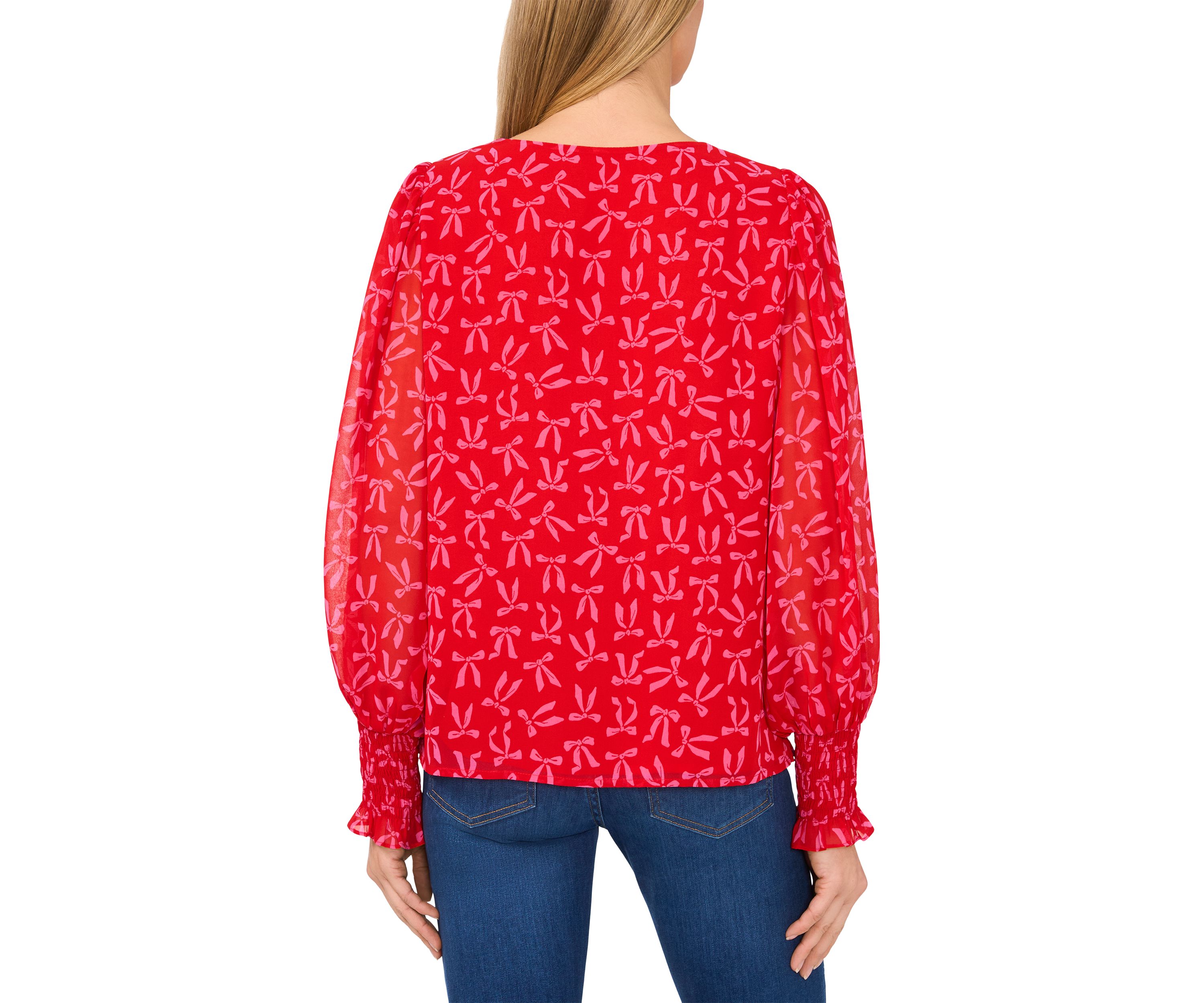 Womens Smocked Sleeve V-Neck Bow Blouse