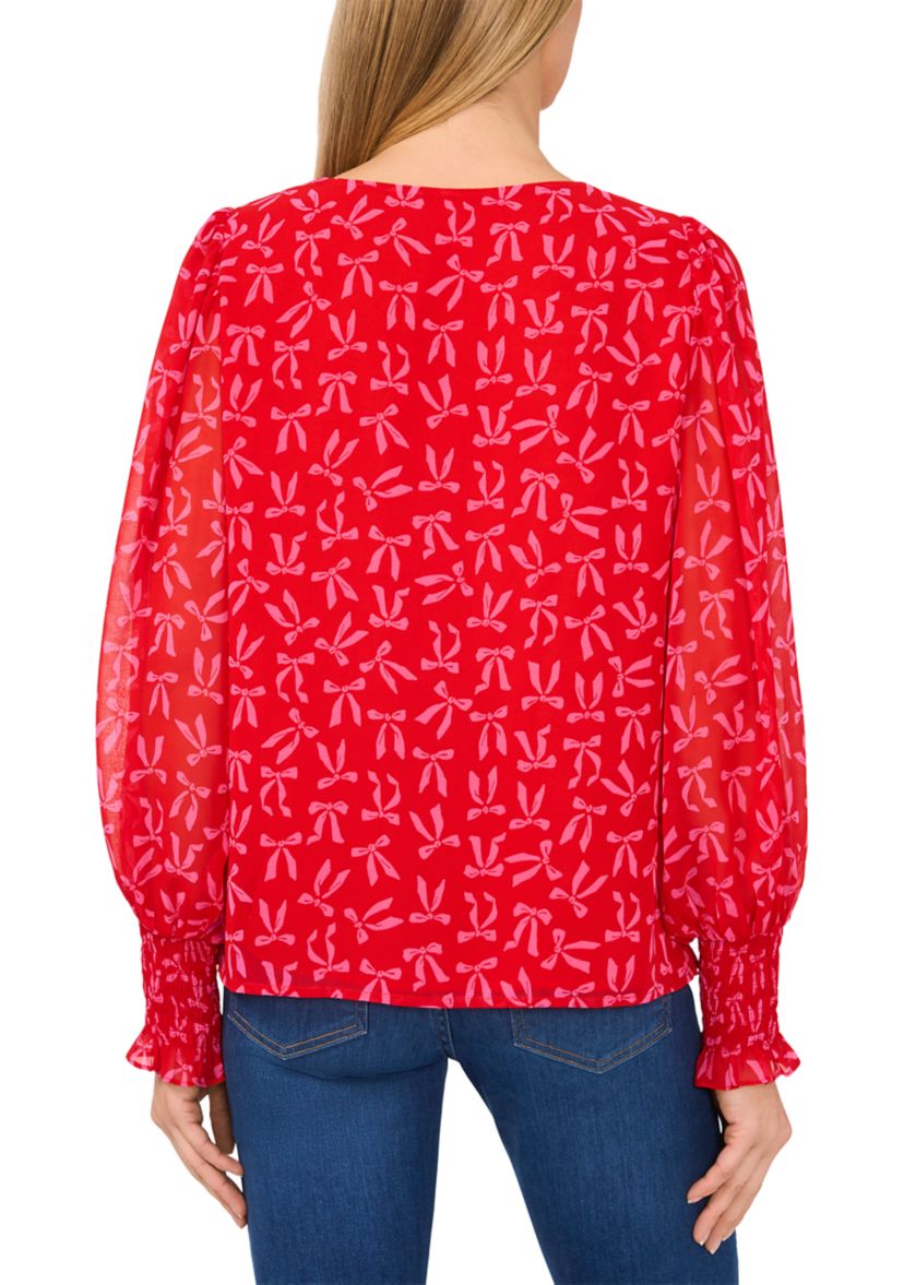 Womens Smocked Sleeve V-Neck Bow Blouse