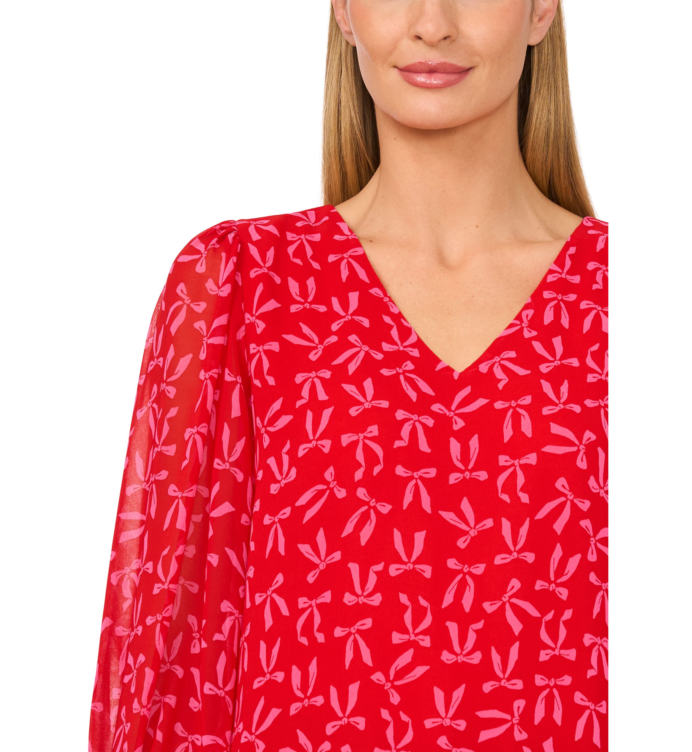 Womens Smocked Sleeve V-Neck Bow Blouse