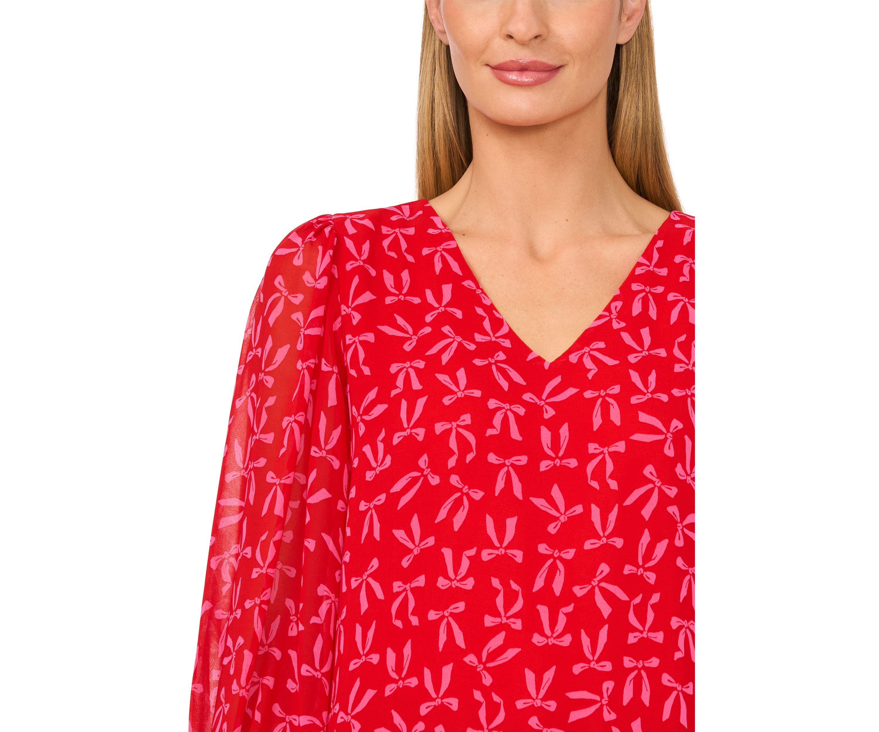Womens Smocked Sleeve V-Neck Bow Blouse