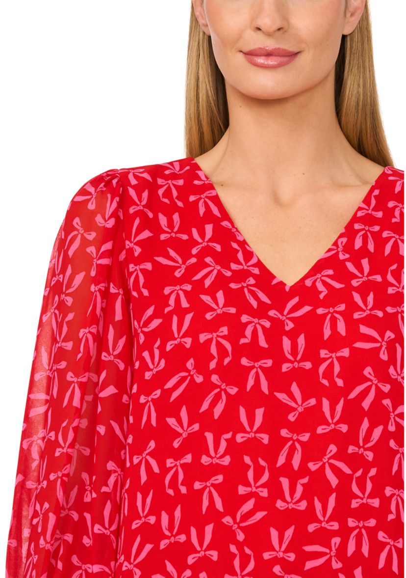 Womens Smocked Sleeve V-Neck Bow Blouse