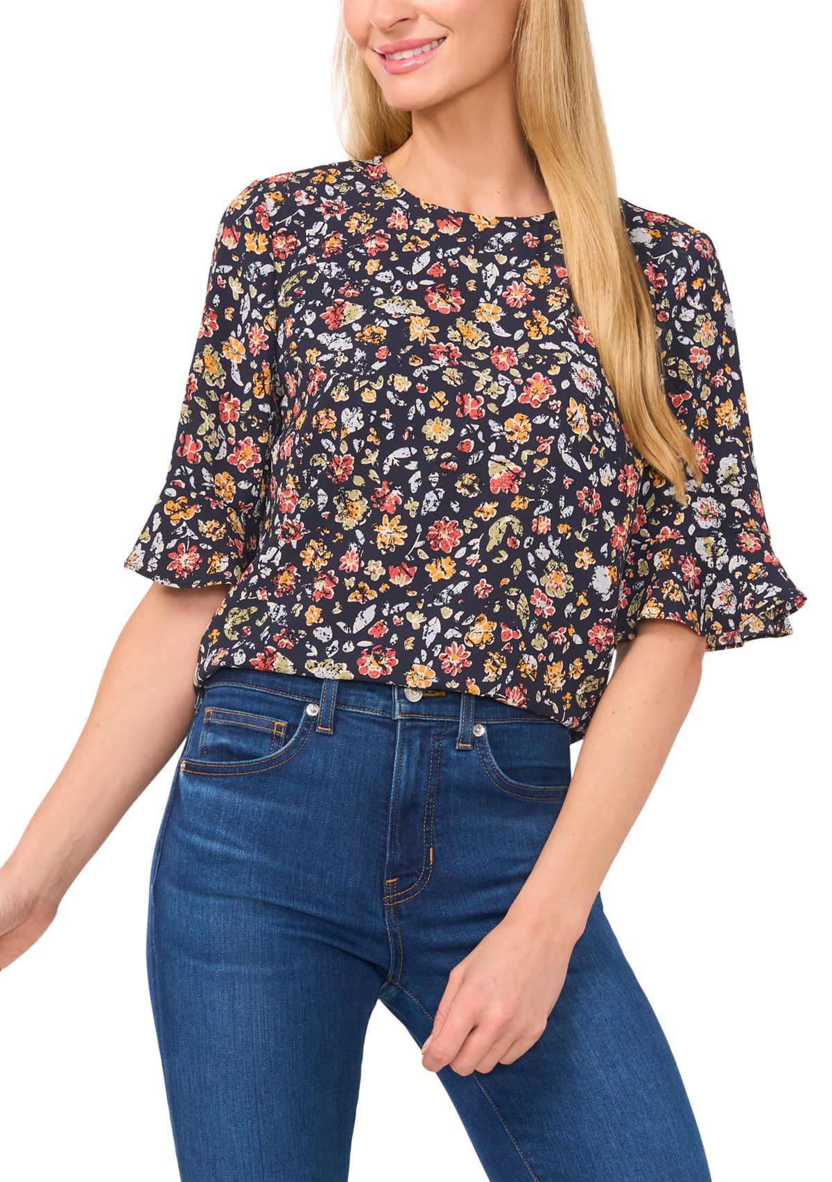 Womens Flutter Sleeve Floral Blouse