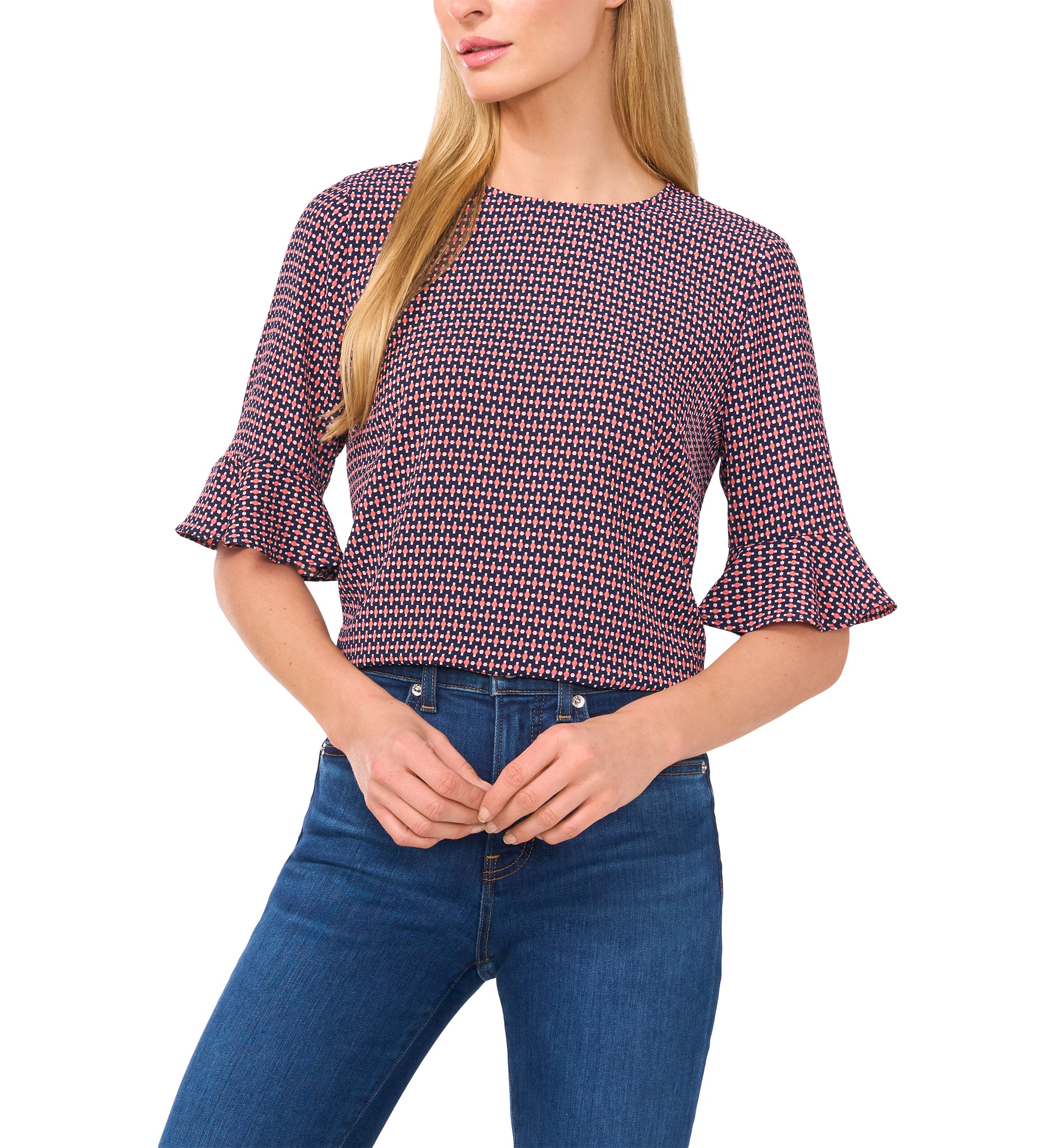 Womens Flutter Sleeve Geometric Blouse