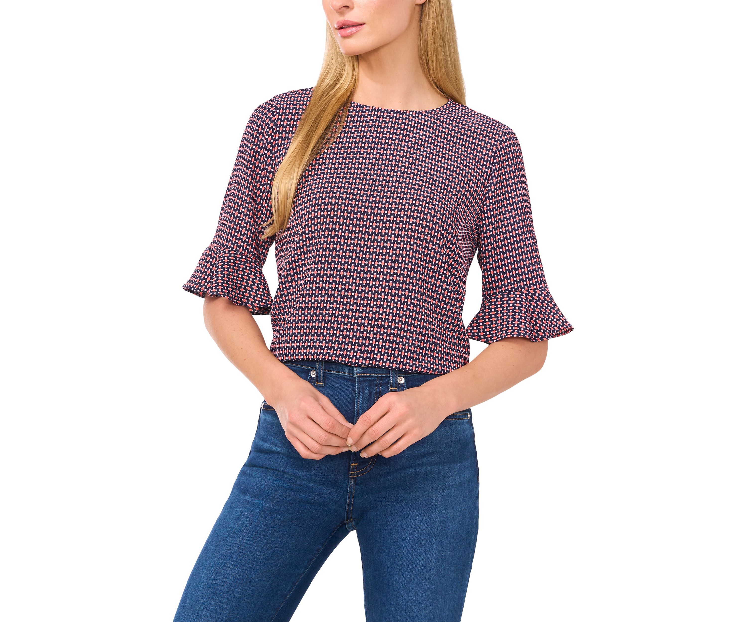 Womens Flutter Sleeve Geometric Blouse