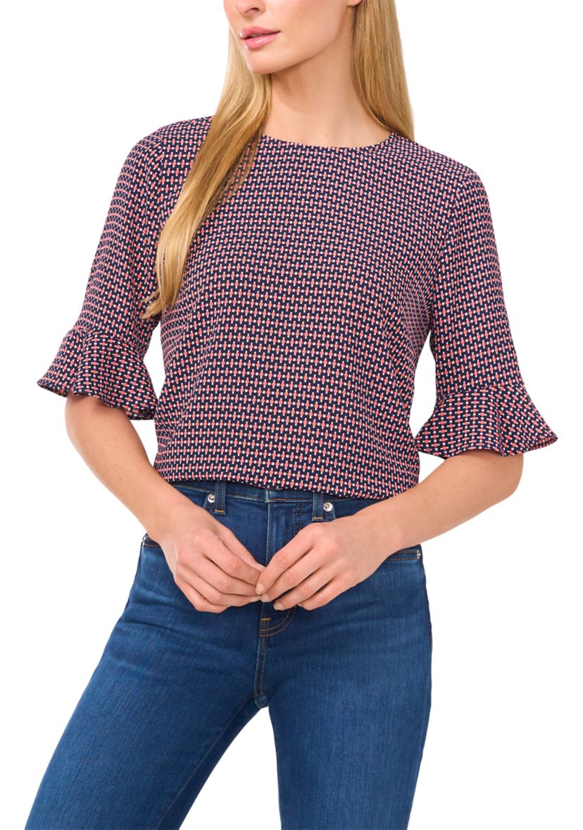 Womens Flutter Sleeve Geometric Blouse