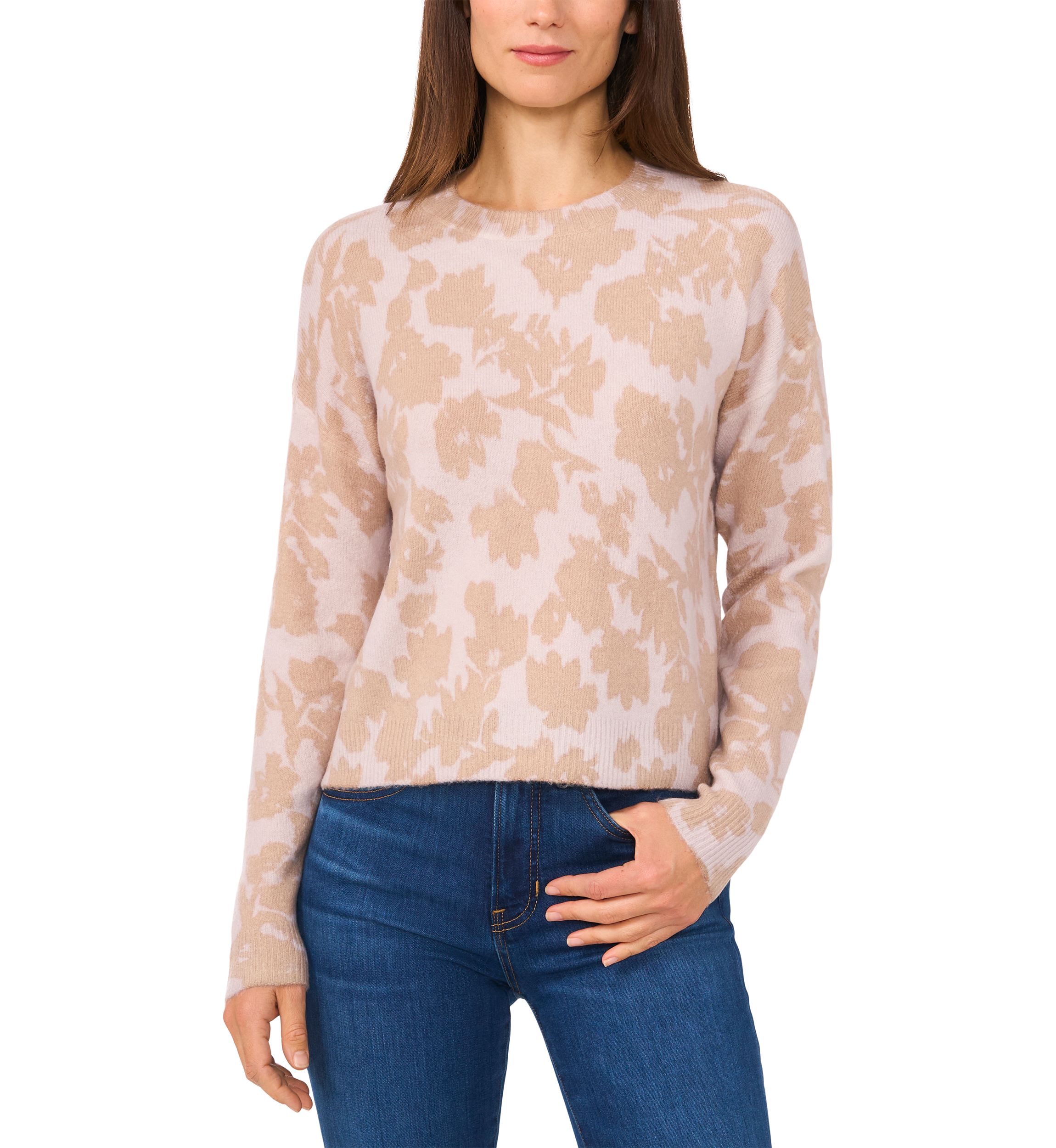 Womens Long Sleeve Floral Crew Neck Sweater