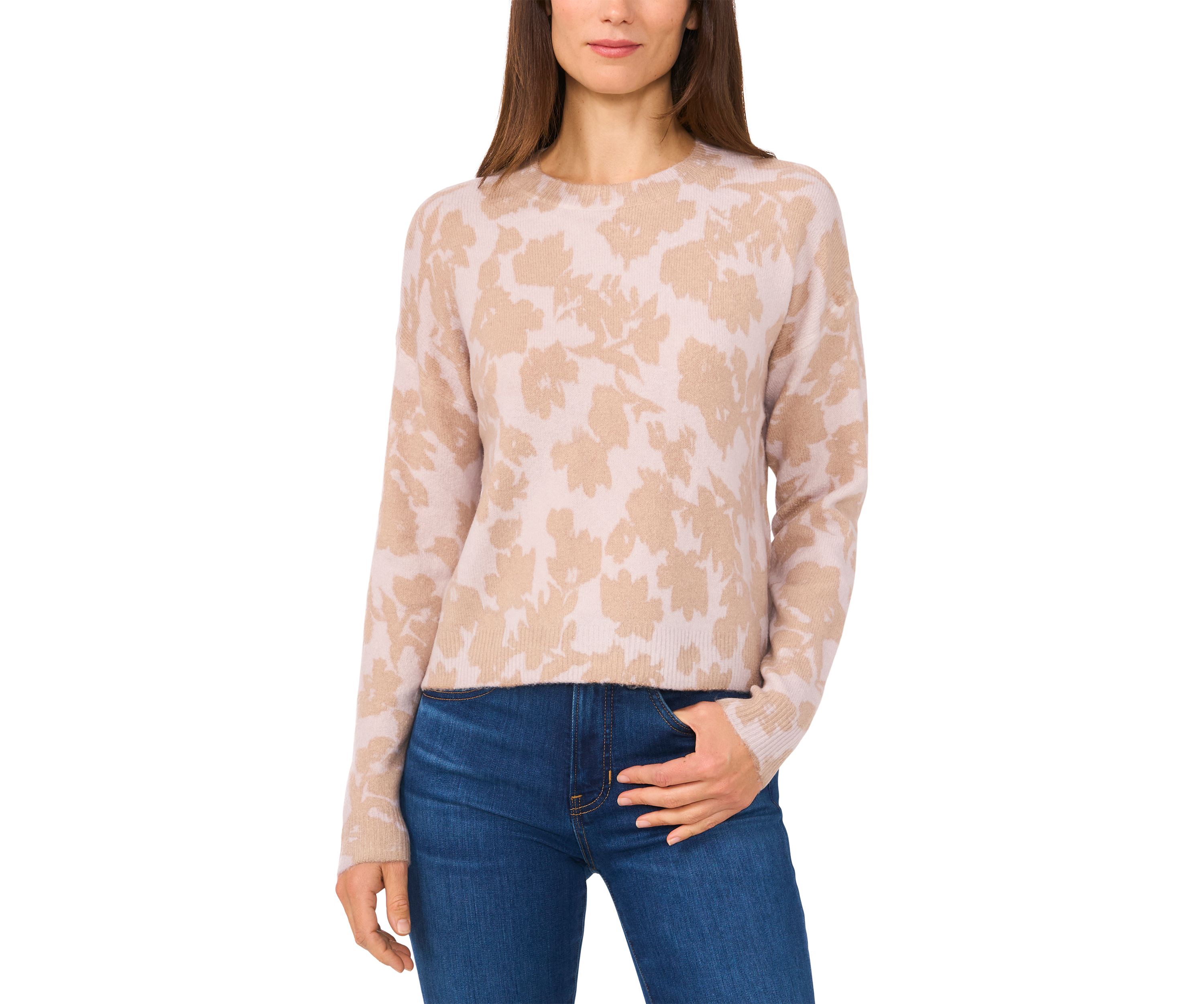Womens Long Sleeve Floral Crew Neck Sweater