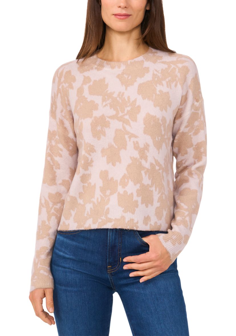Womens Long Sleeve Floral Crew Neck Sweater