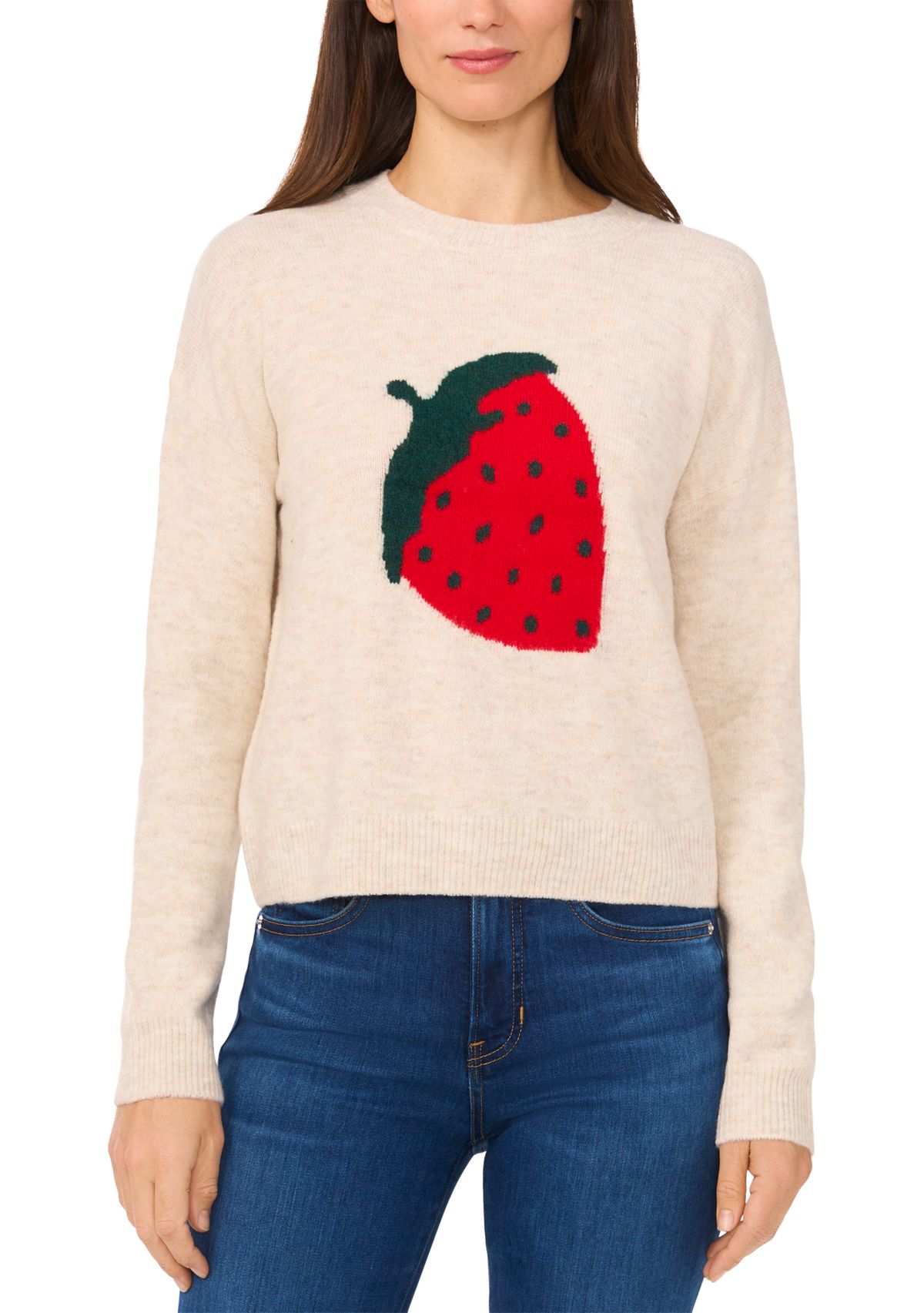 Womens Long Sleeve Placed Strawberry Sweater