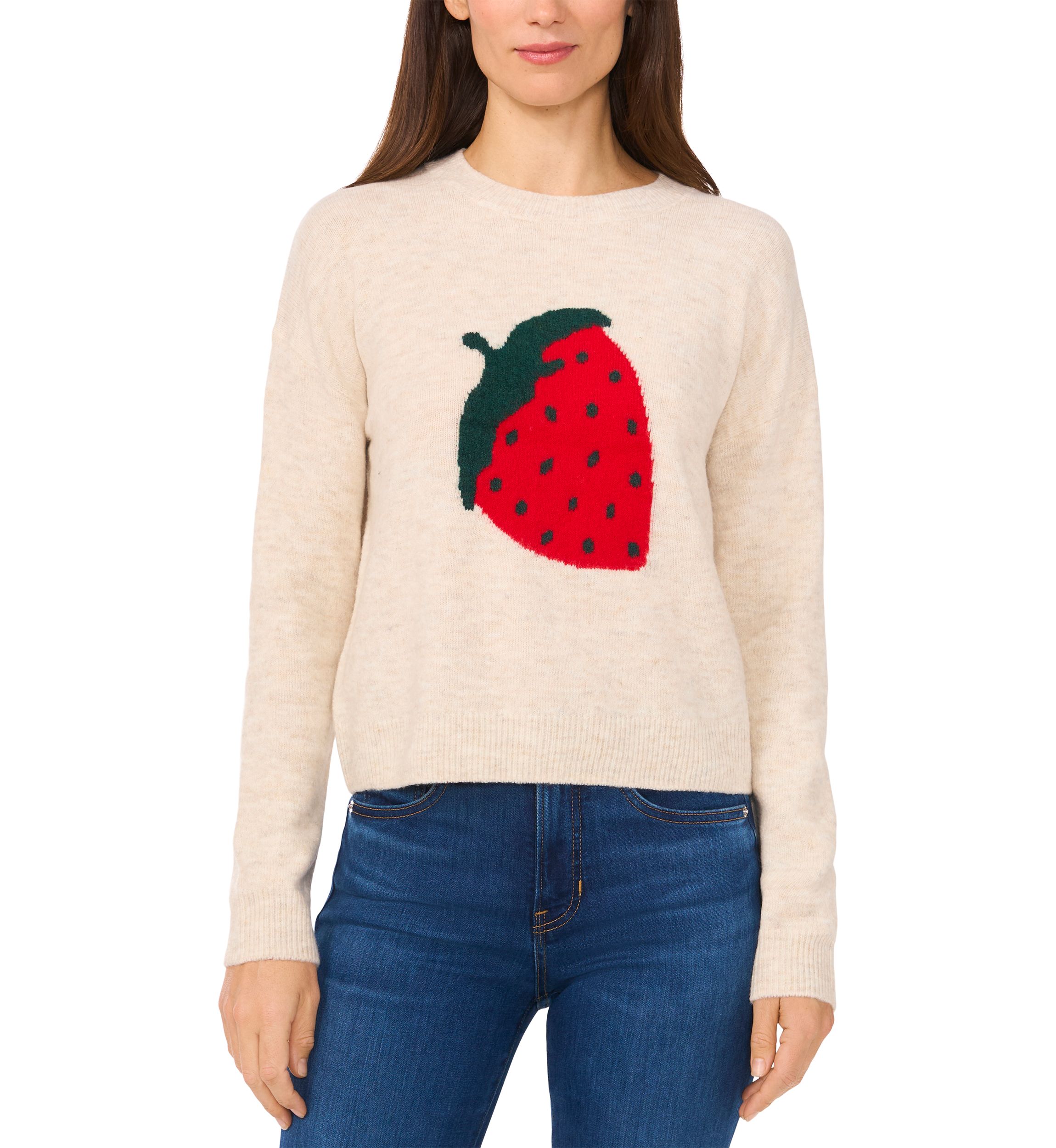 Womens Long Sleeve Placed Strawberry Sweater