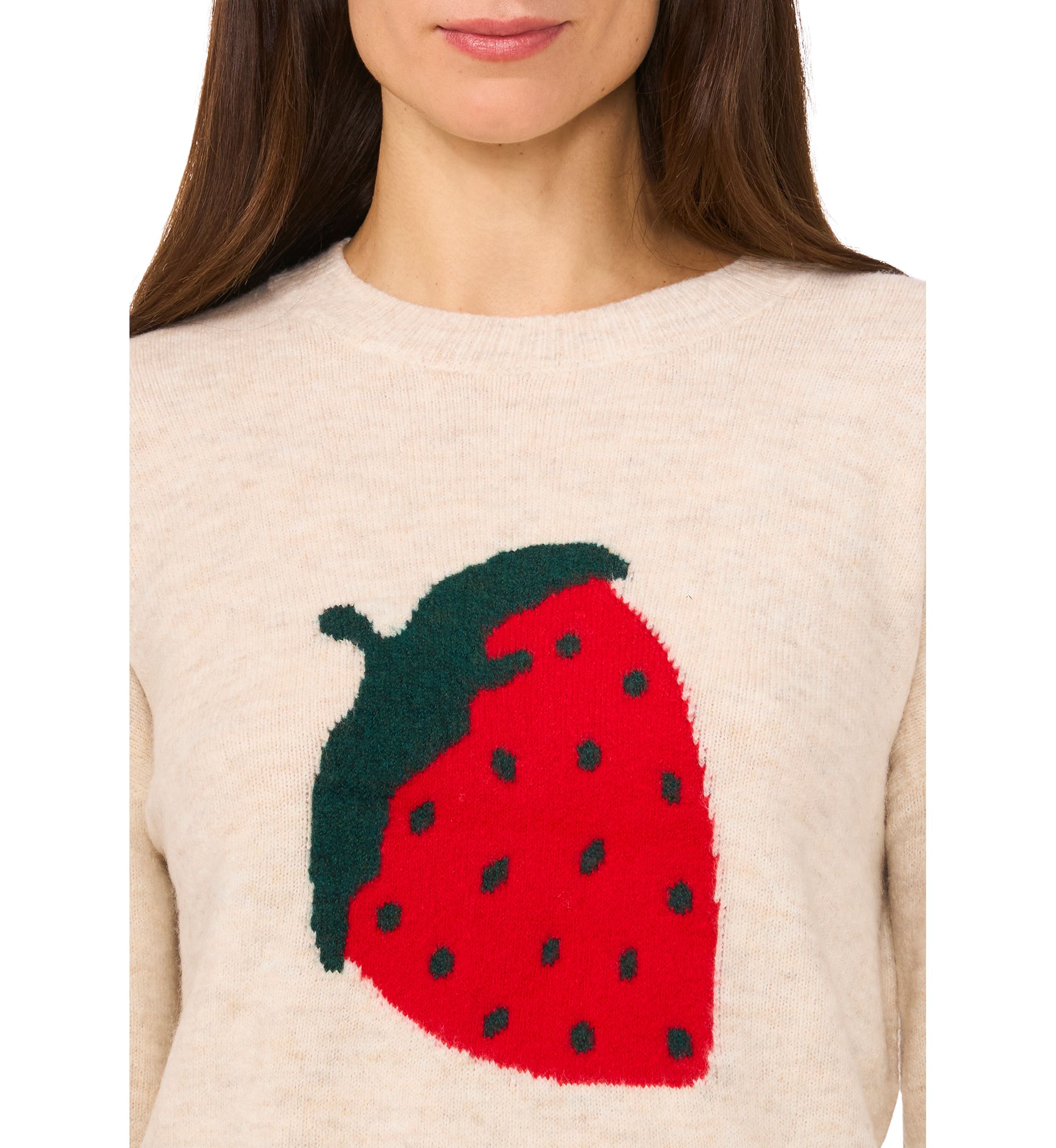 Womens Long Sleeve Placed Strawberry Sweater