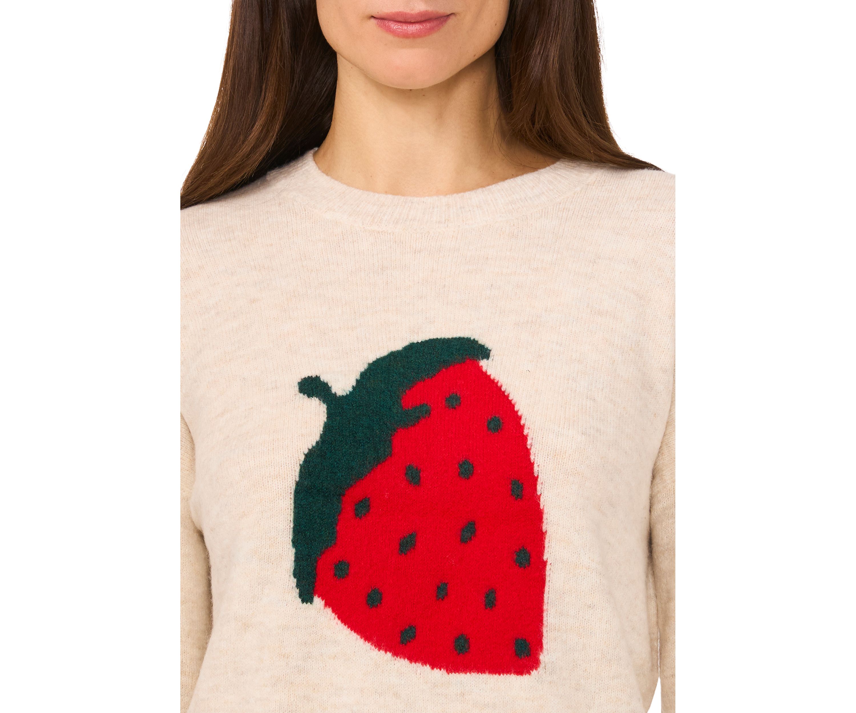 Womens Long Sleeve Placed Strawberry Sweater