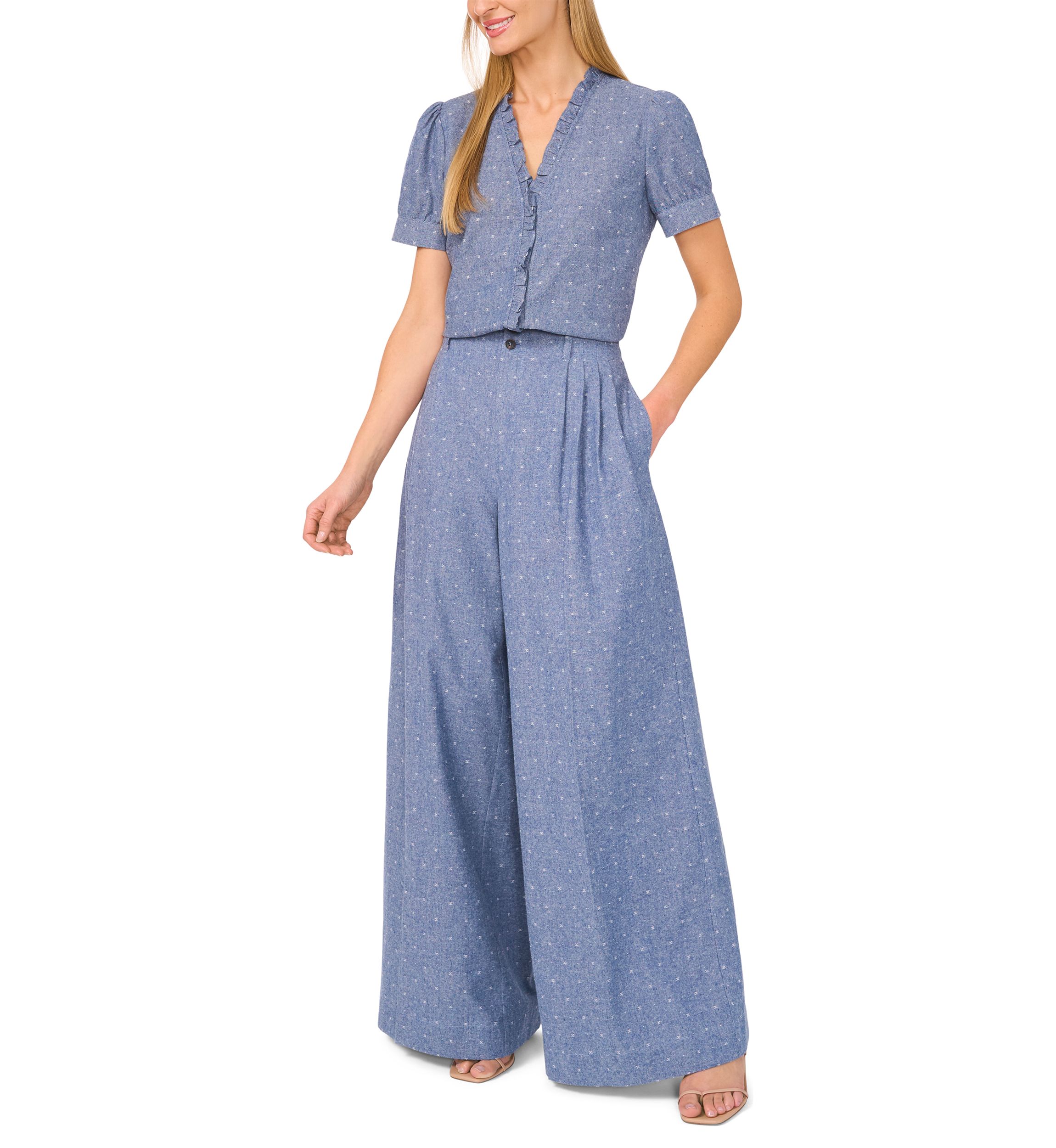 Womens Wide Leg Chambray Dobby Pants