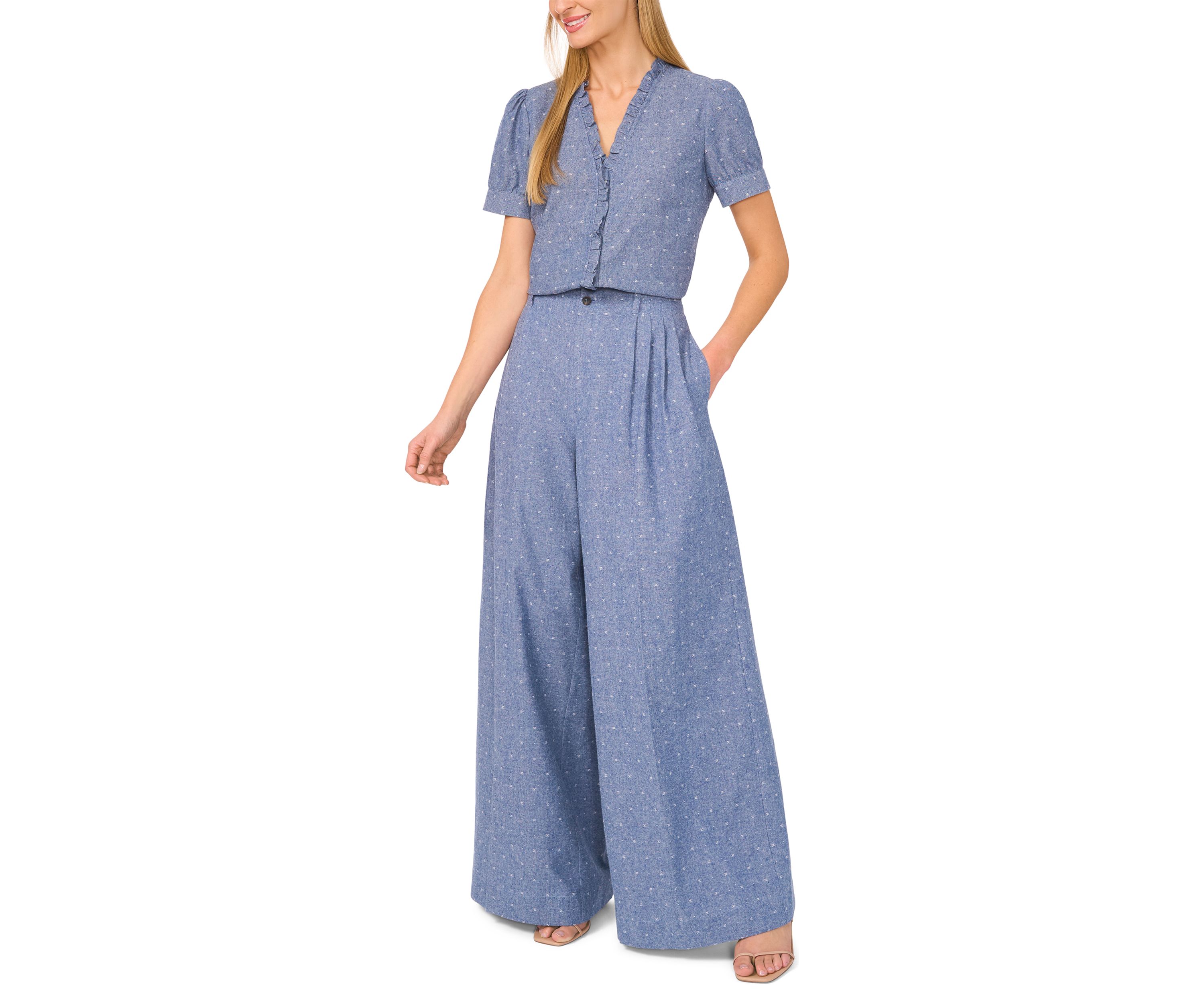 Womens Wide Leg Chambray Dobby Pants