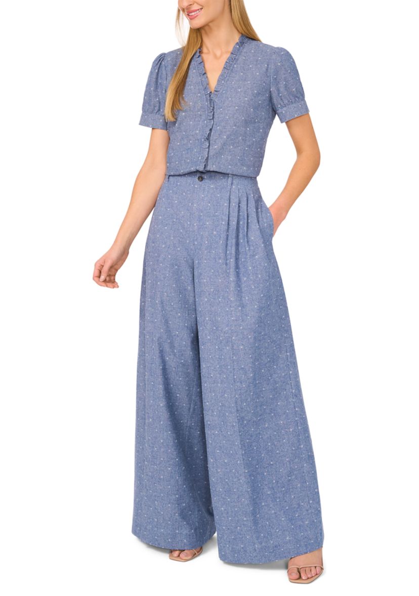 Womens Wide Leg Chambray Dobby Pants