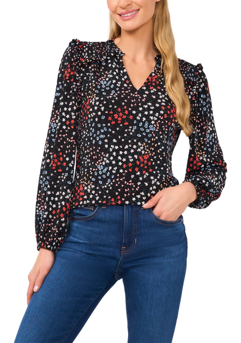 Womens Blouson Sleeve Floral Blouse