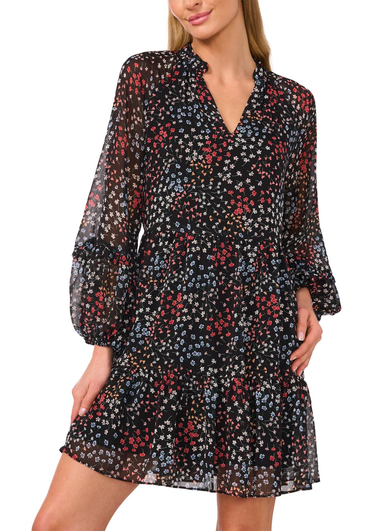 Womens Blouson Sleeve Printed Dress