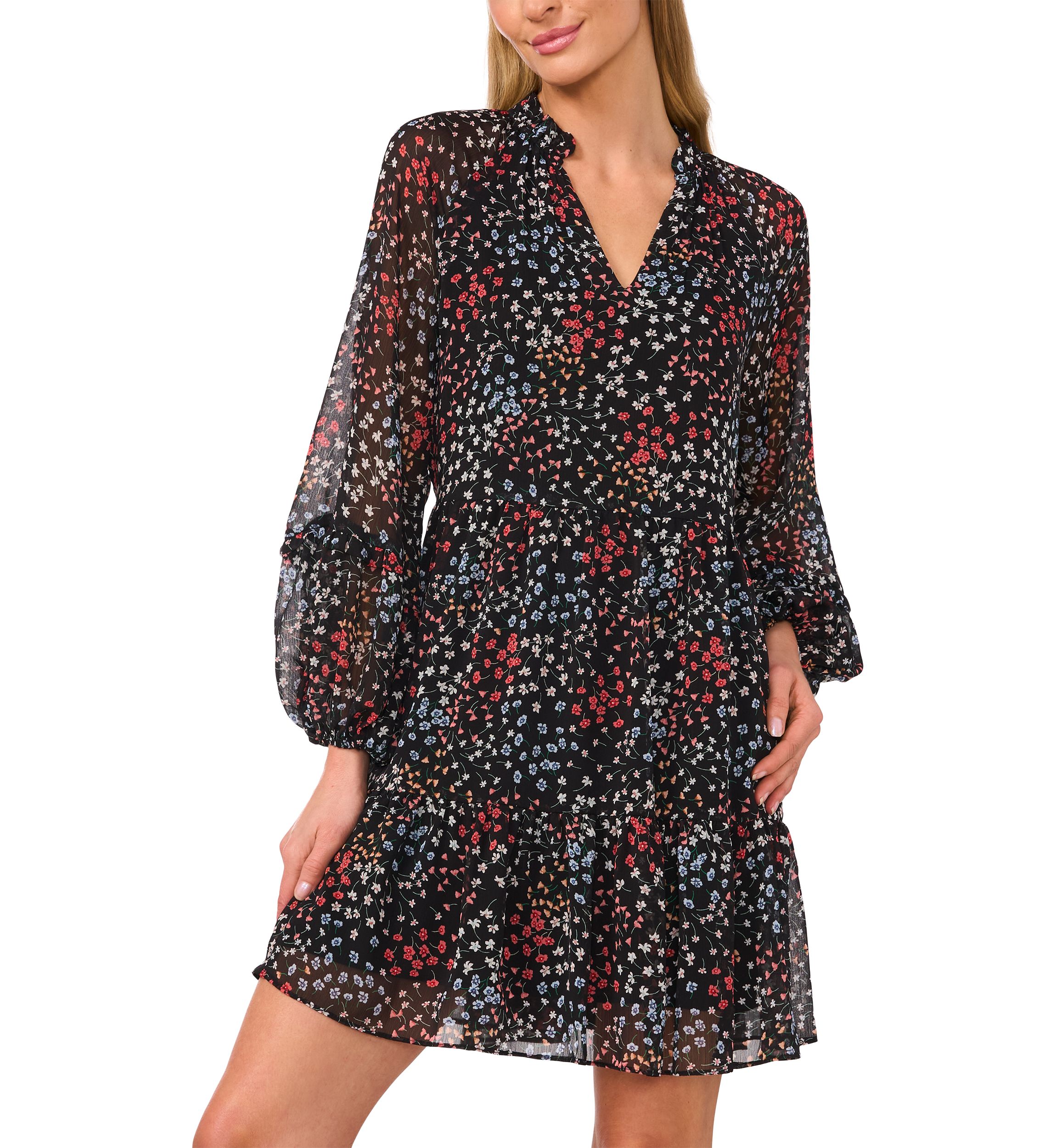 Womens Blouson Sleeve Printed Dress