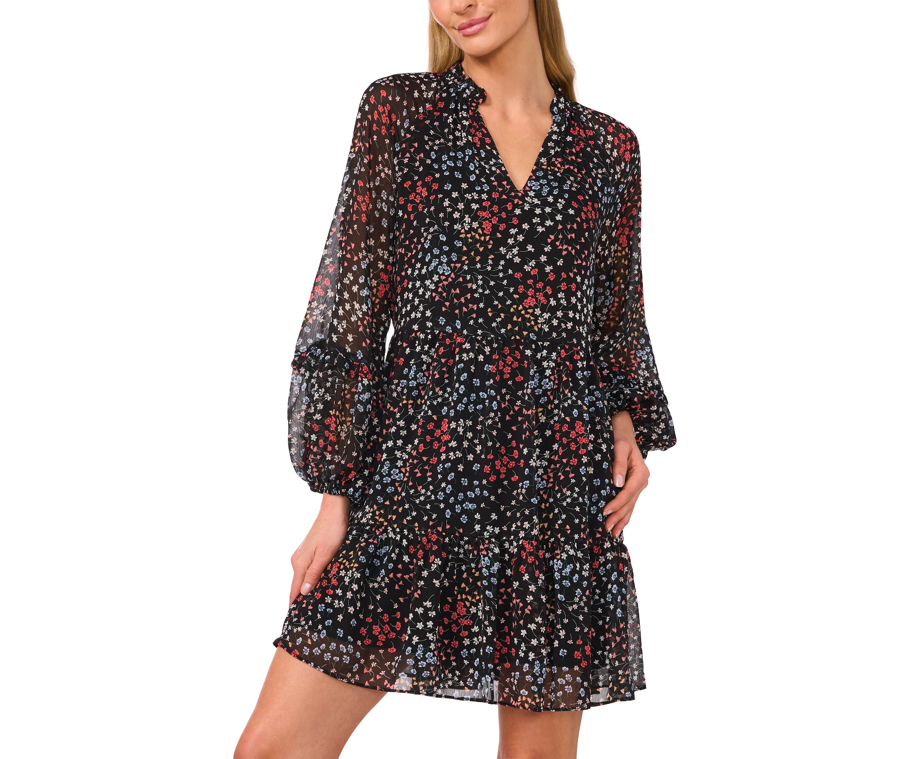 Womens Blouson Sleeve Printed Dress