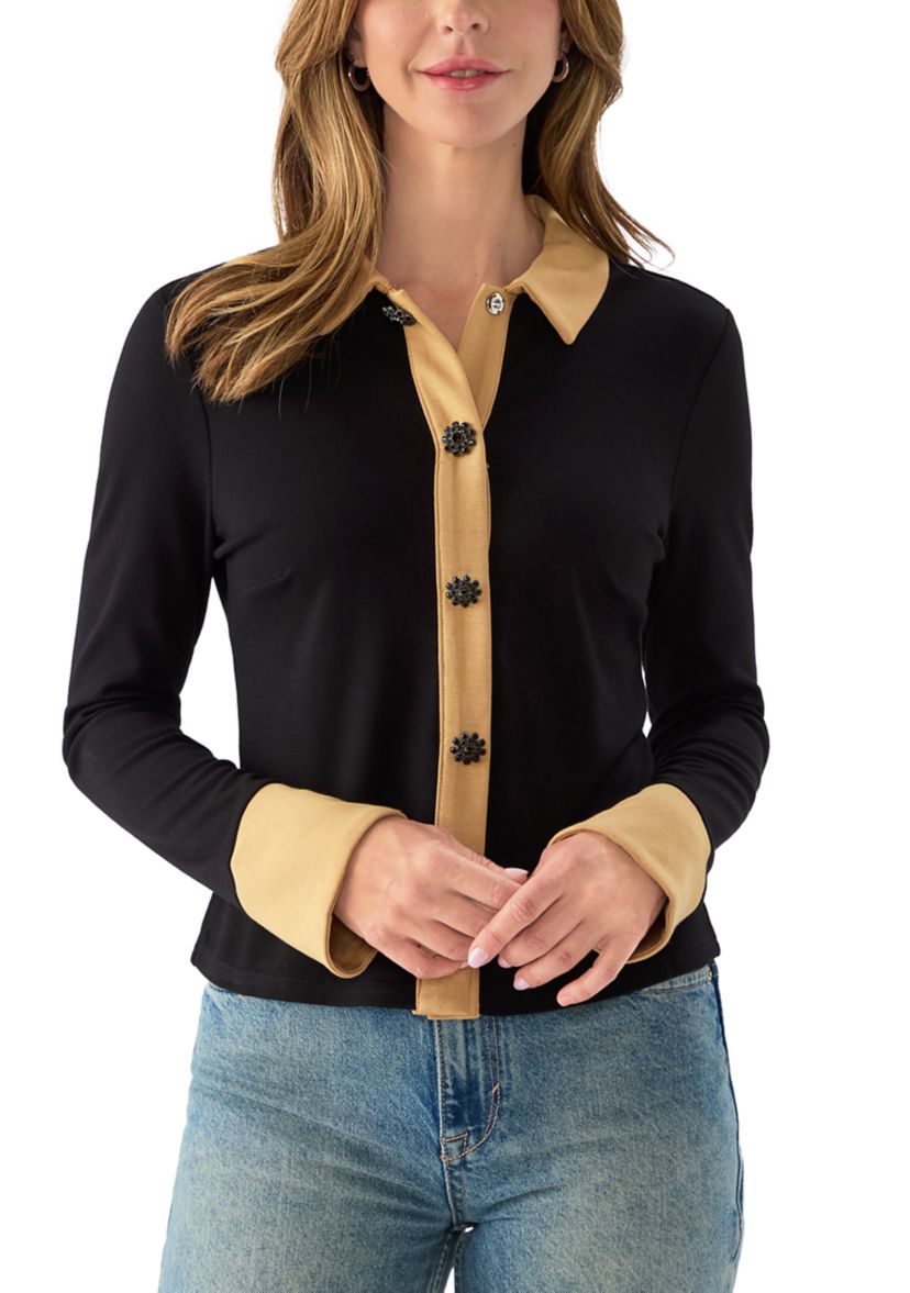  Womens Button Front Ponte Knit Top