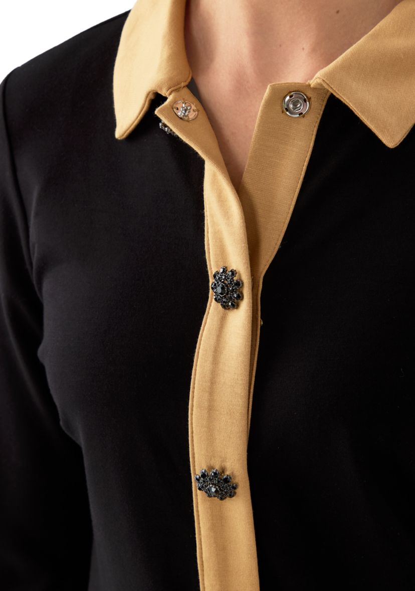  Womens Button Front Ponte Knit Top