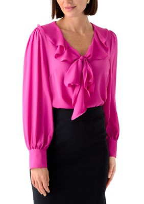 CeCe Women's Long Sleeve V-Neck Ruffle Bow Blouse | Belk