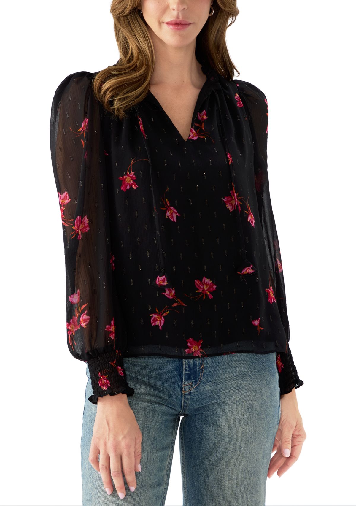  Womens Smocked Puff Sleeve Floral Blouse