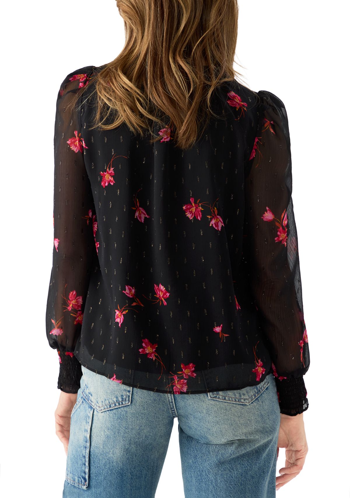  Womens Smocked Puff Sleeve Floral Blouse
